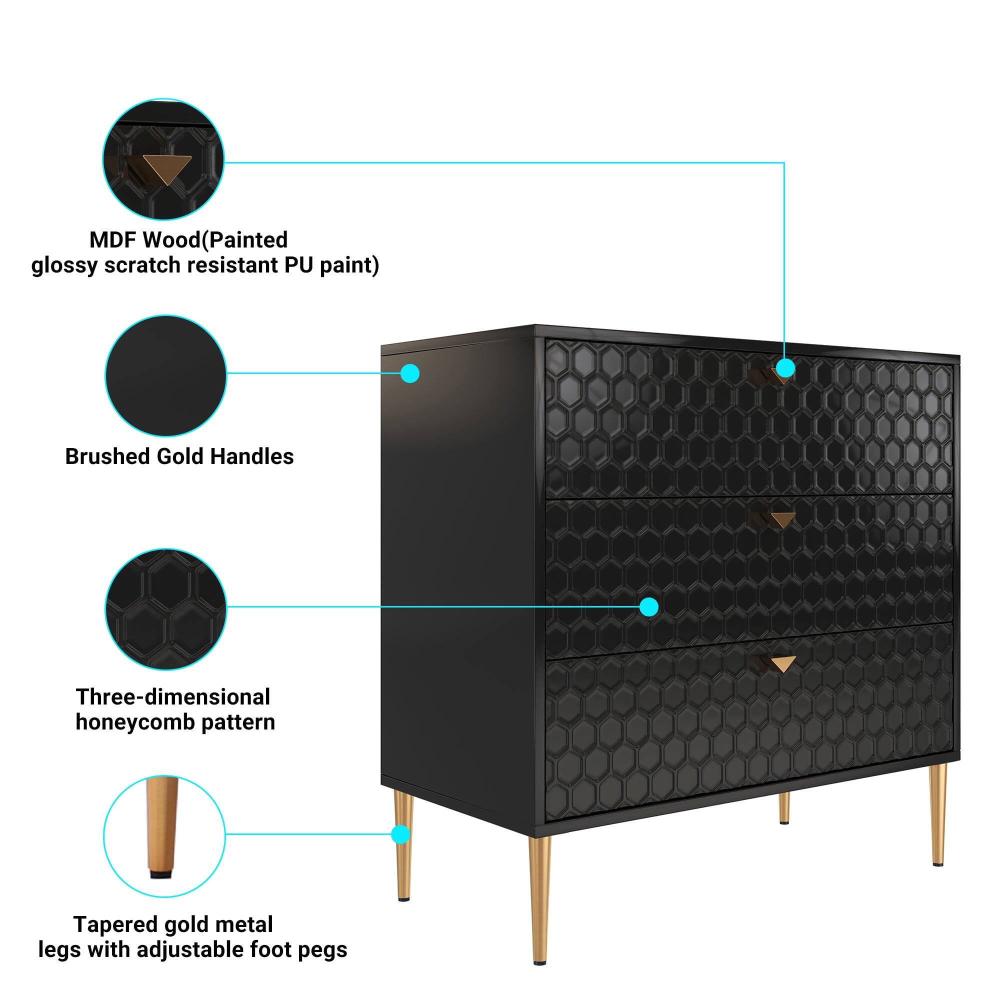 MDF Wood (Painted glossy scratch resistant PU paint)  
Brushed Gold Handles  
Three-dimensional honeycomb pattern  
Tapered gold metal legs with adjustable foot pegs