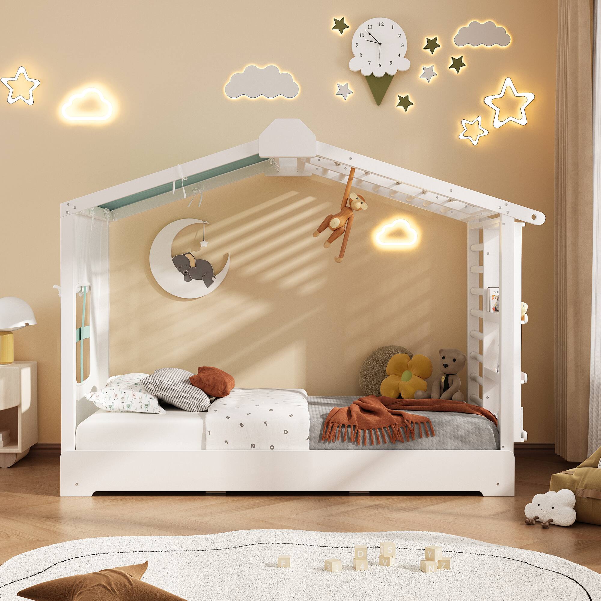 Angle. Anysun - Twin Size House Bed with Twin Size Trundle and Side Shelves - White.