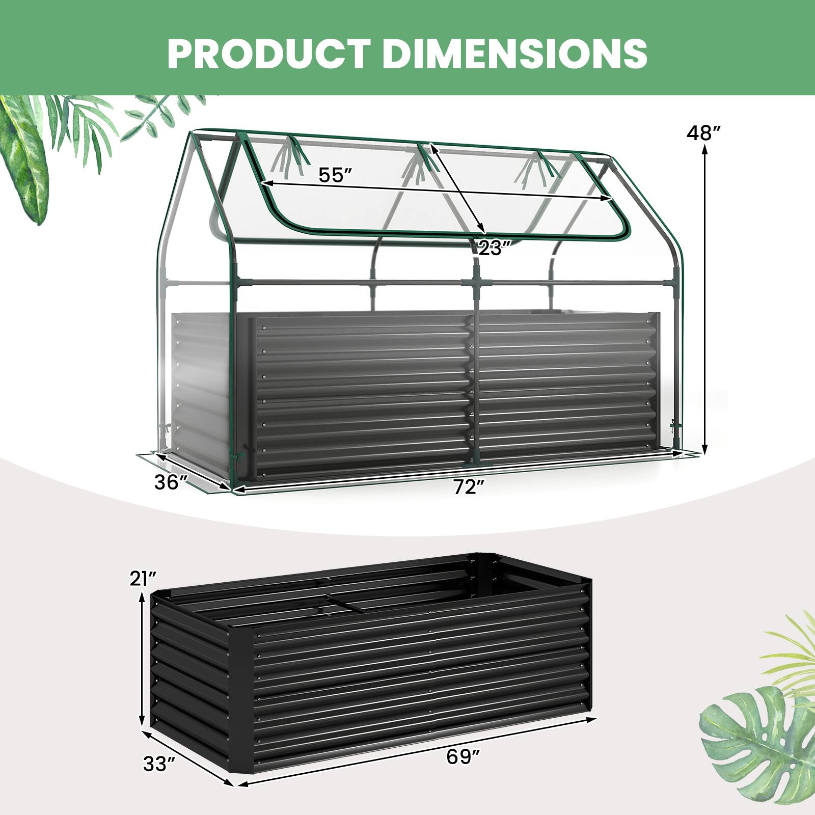 PRODUCT DIMENSIONS

- 48"
- 55"
- 23"
- 36"
- 72"
- 21"
- 33"
- 69"