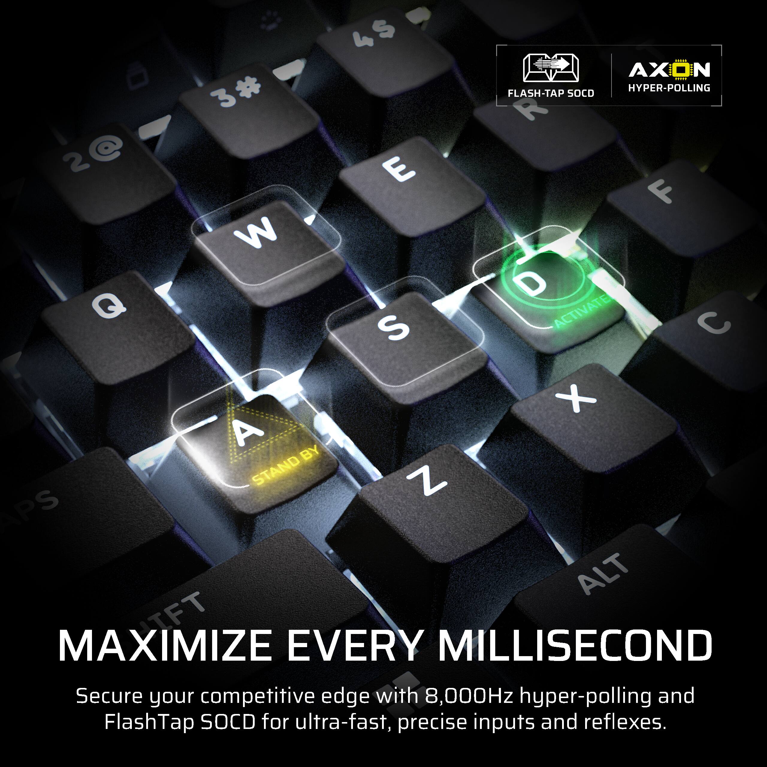 4$ 4 E AXON N I 3# 3 # FLASH-TAP SOCD HYPER-POLLING R 2@ 2 E F W D Q ACTIVATE C S X A BY STAND Z APS ALT MAXIMIZE LIFT EVERY MILLISECOND

Secure your competitive edge with 8,000Hz hyper-polling and FlashTap SOCD for ultra-fast, precise inputs and reflexes.