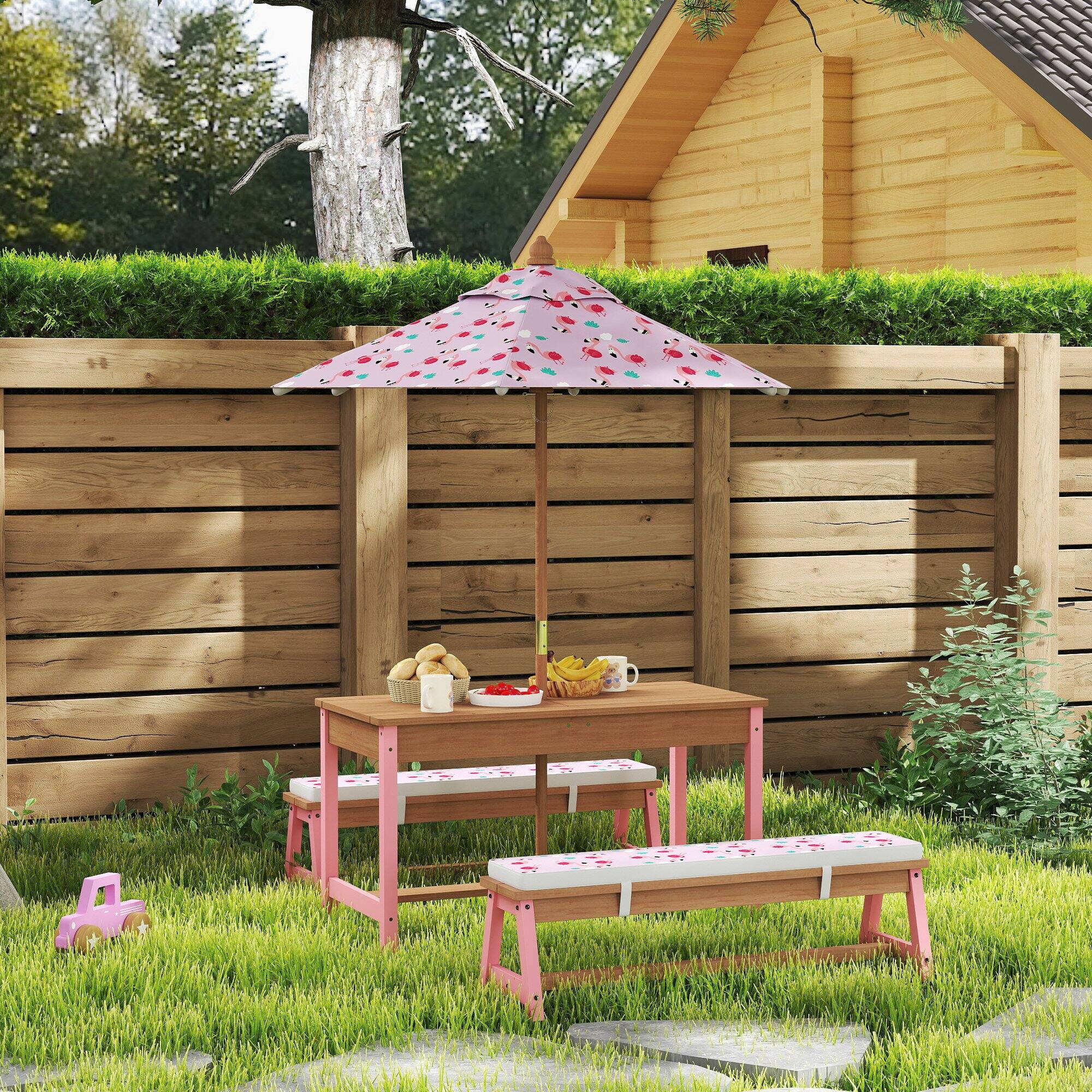 Alt View 1. Qaba - Picnic Table Set with Foldable Umbrella, Removable Cushions & Boxes - Pink.
