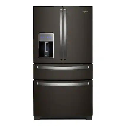 Front. Whirlpool - 26 Cu. Ft. Wide 4 Door Refrigerator with Prep and Store Bins - Black Stainless Finish.