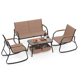 Costway - 4 PCS Patio Furniture Set with 2 Rocking Bistro Chairs 2-Tier Coffee Table - Brown