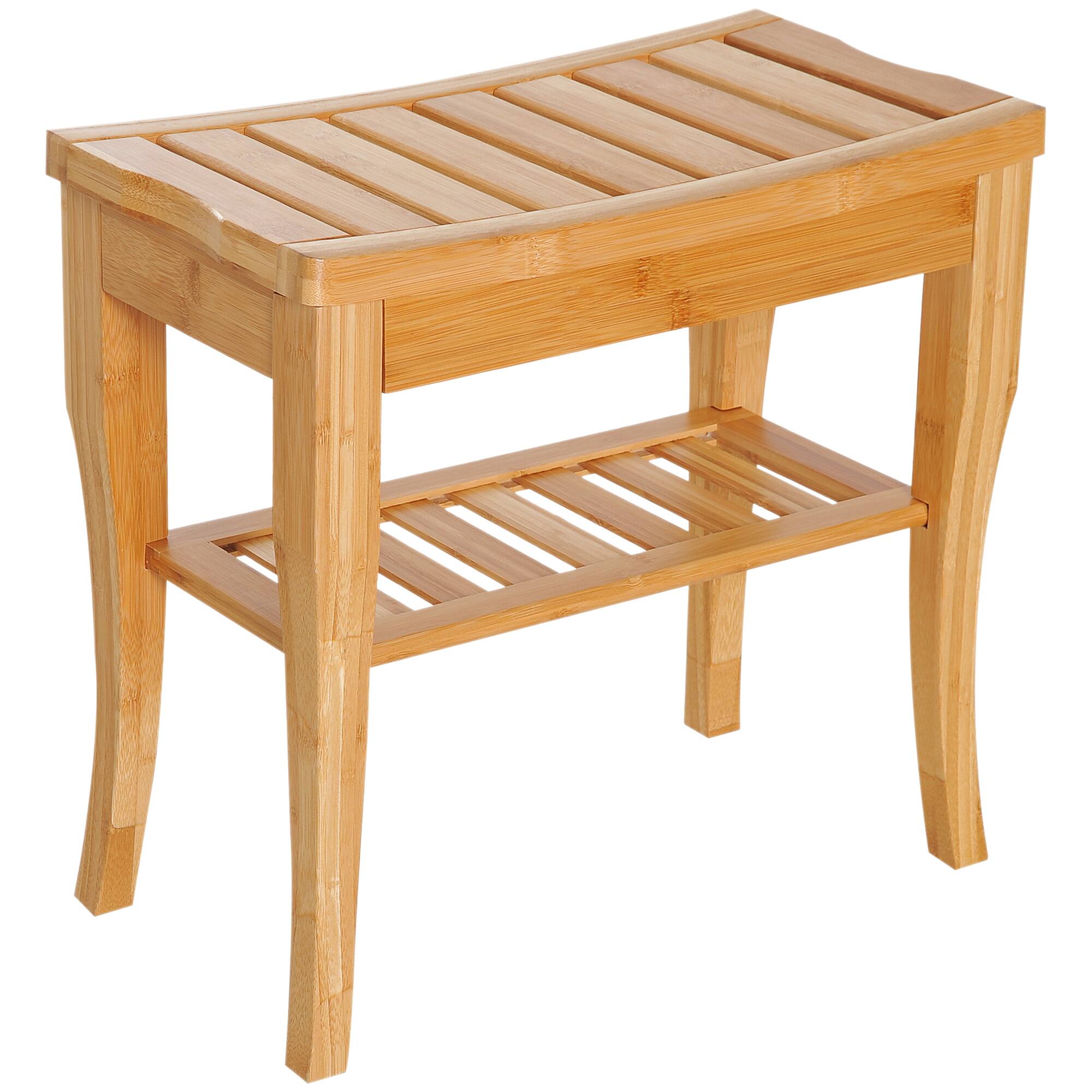 Front. Homcom - Long Bamboo Shower Bench Seat, 20" Wooden Spa Shower Stool with Underneath Storage Shelf Shoe Organizer - Natural Wood.