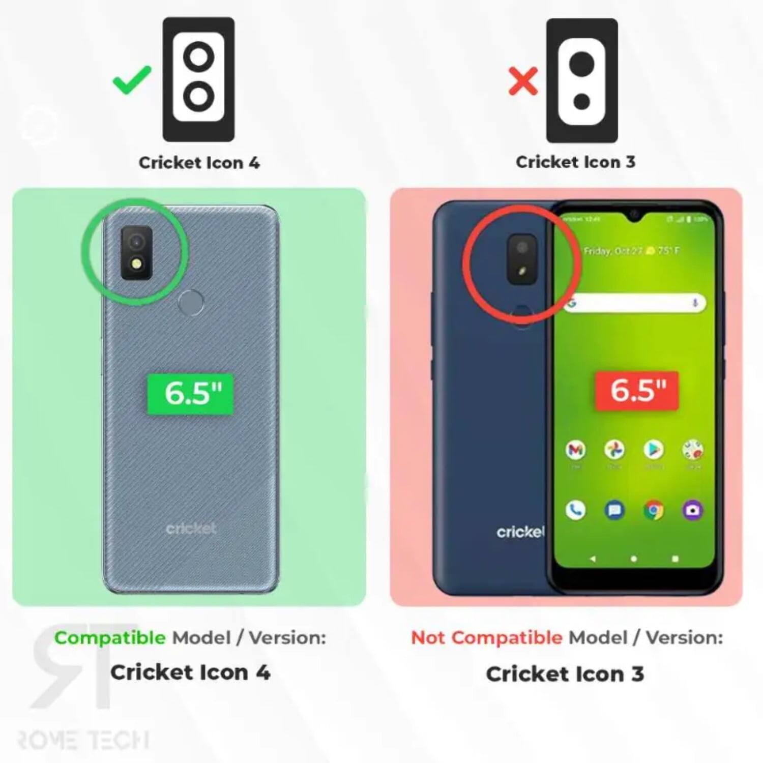 X Cricket Icon 4 Cricket Icon 3  
Friday Oct 27 75°F  
6.5" 6.5"  
M cricket crickel  

Compatible Model / Version: Cricket Icon 4  
ROME TECH  

Not Compatible Model / Version: Cricket Icon 3