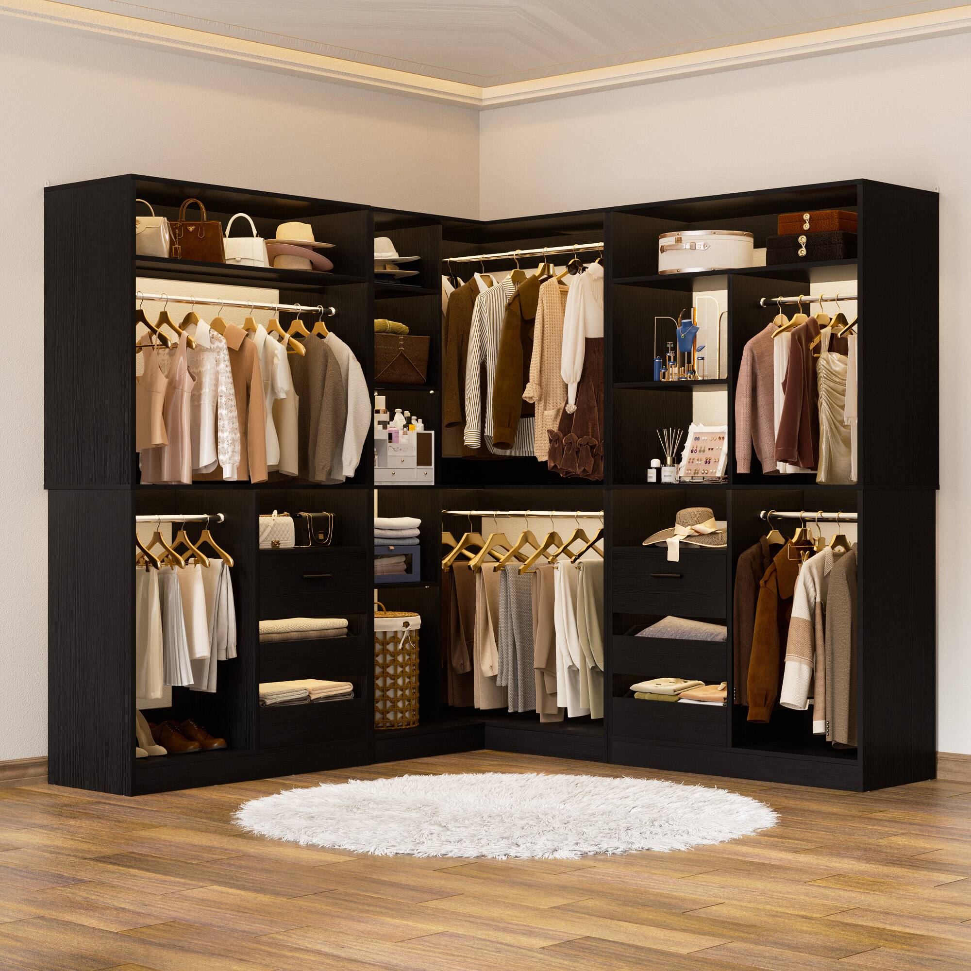 Alt View 2. Aheaplus - 6-9 FT L-Shaped Walk-In Closet with 6 Drawers, 6 Hanging Rods & Open Shelves, Heavy Duty Bedroom Wardrobe - Black.