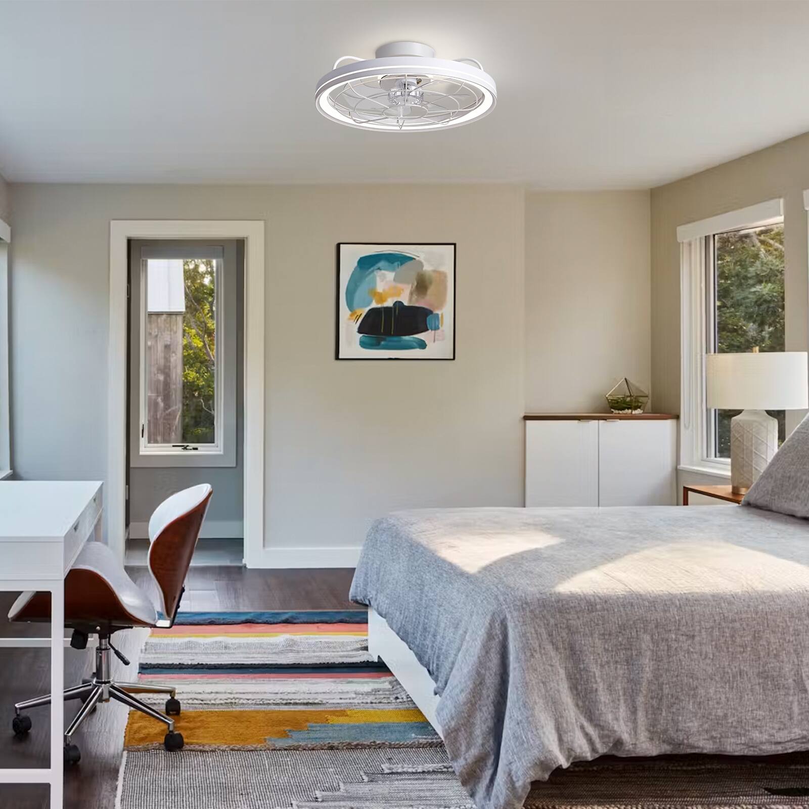 Alt View 3. Siljoy - 19 Inch Farmhouse White Caged Ceiling Fan Light with Dimmable Strip LED and Remote Control for Bedroom Living Room - White.