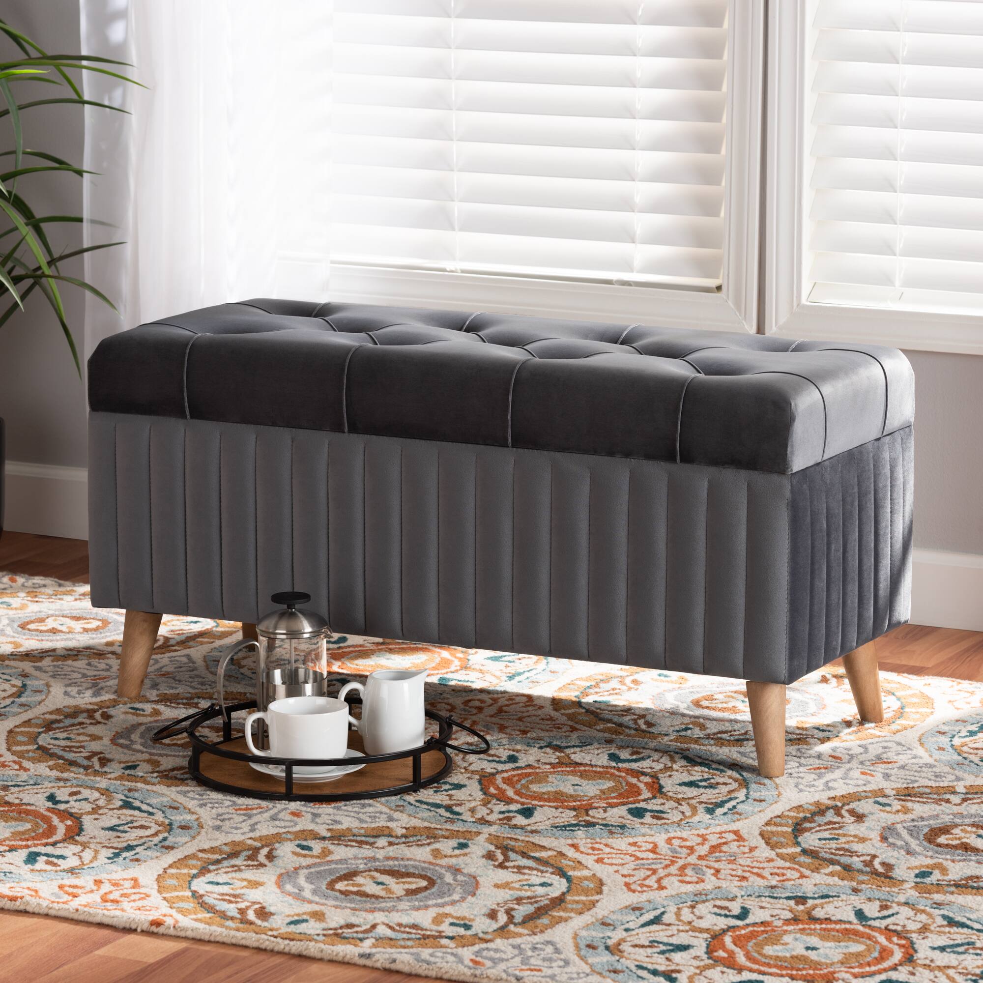 Alt View 4. Baxton Studio - Hanley Modern and Contemporary Velvet Fabric Upholstered and Walnut Brown Finished Wood Storage Ottoman - Grey/Walnut Brown.