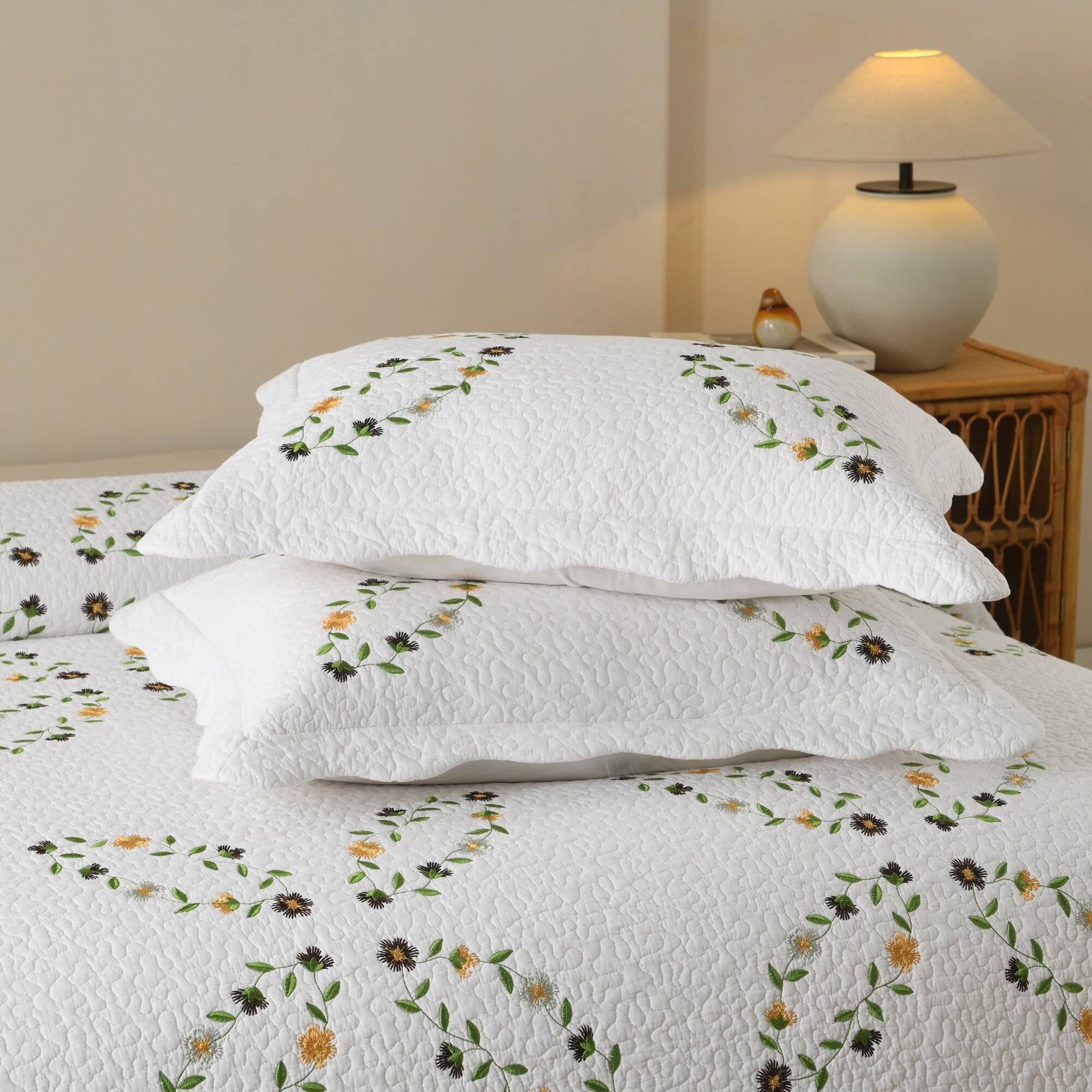 Back. MarCielo - MarCielo 3 Piece 100% Cotton Cover Floral Vine Embroidered Cottage Quilt Bedspread Set - White.