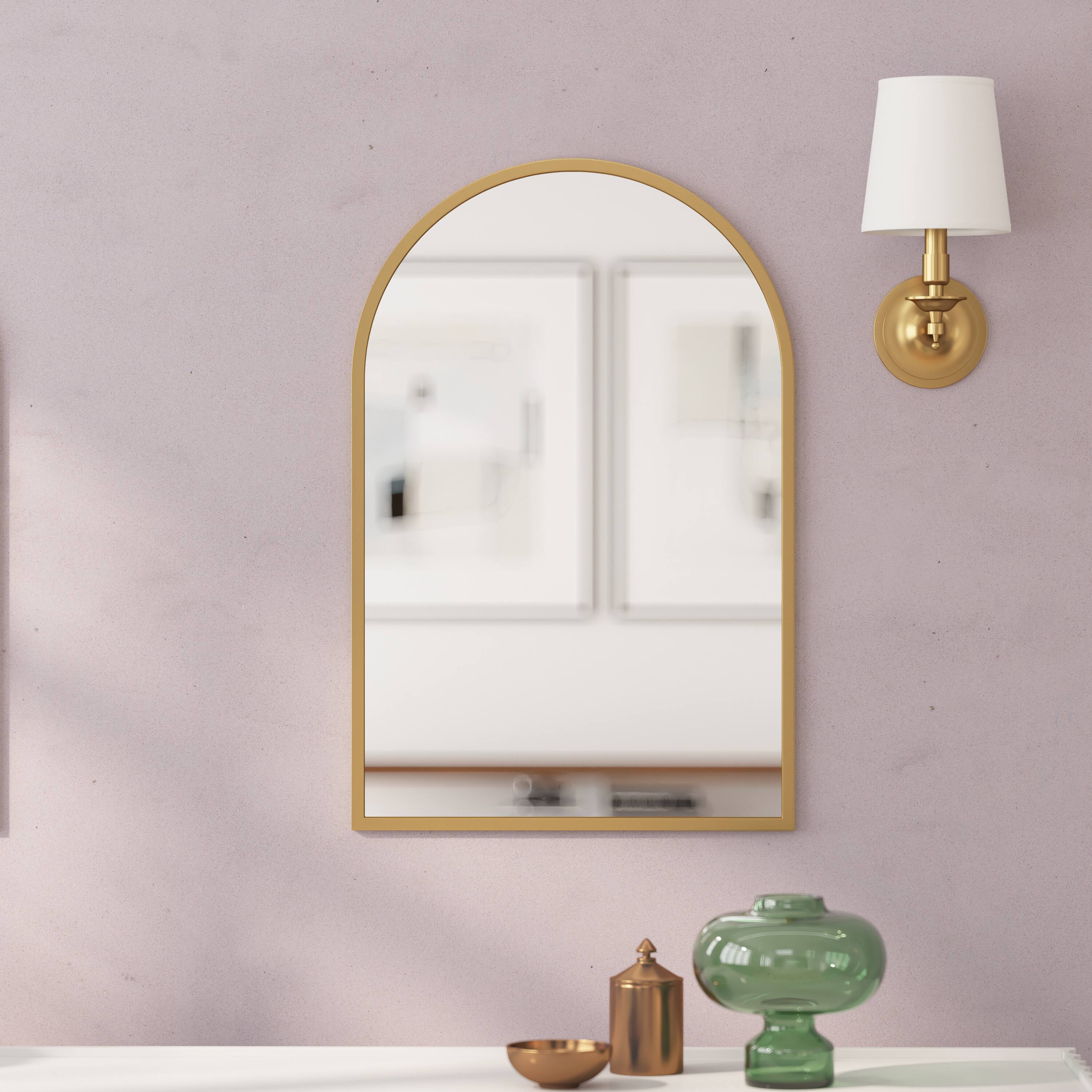 Alt View 4. Emma + Oliver - Harlowe Slim Metal Framed Arched Wall Mirror for Hallways, Entryways, Dining and Living Rooms - Gold.