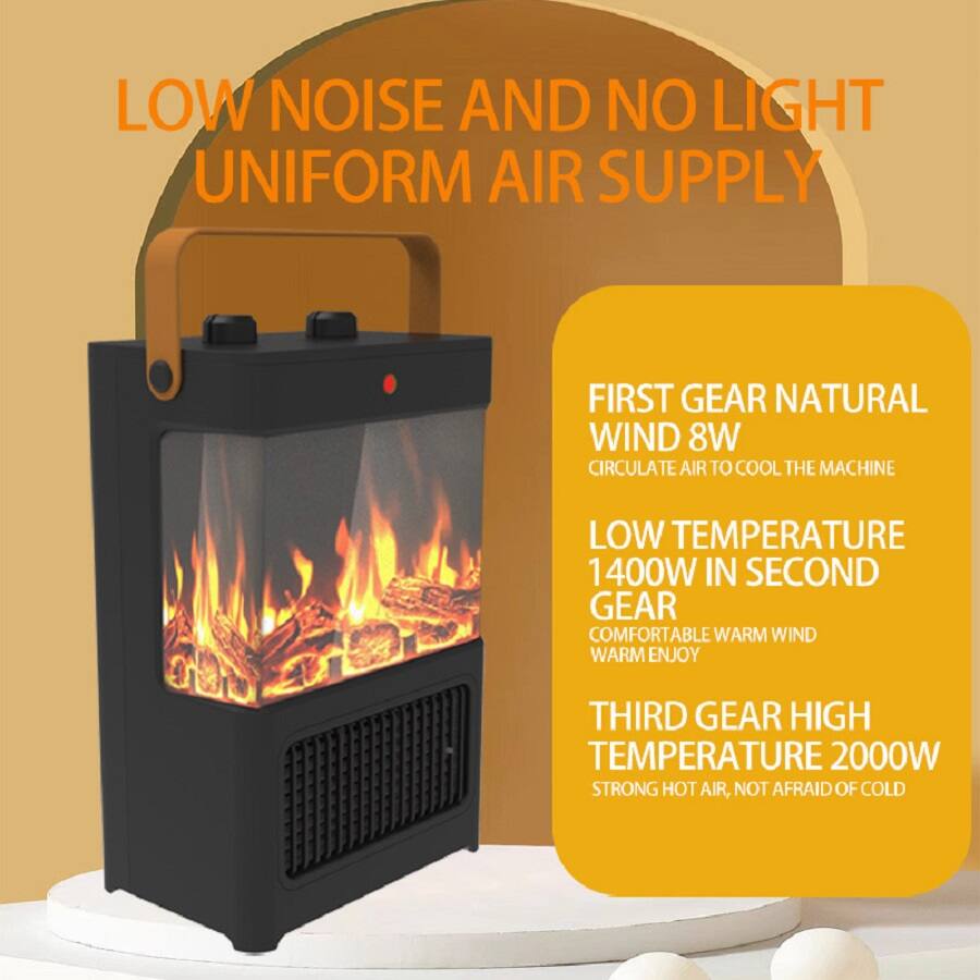 LOW NOISE AND NO LIGHT  
UNIFORM AIR SUPPLY  

FIRST GEAR NATURAL WIND 8W  
CIRCULATE AIR TO COOL THE MACHINE  

LOW TEMPERATURE 1400W IN SECOND GEAR  
COMFORTABLE WARM WIND  
WARM ENJOY  

THIRD GEAR HIGH TEMPERATURE 2000W  
STRONG HOT AIR, NOT AFRAID OF COLD