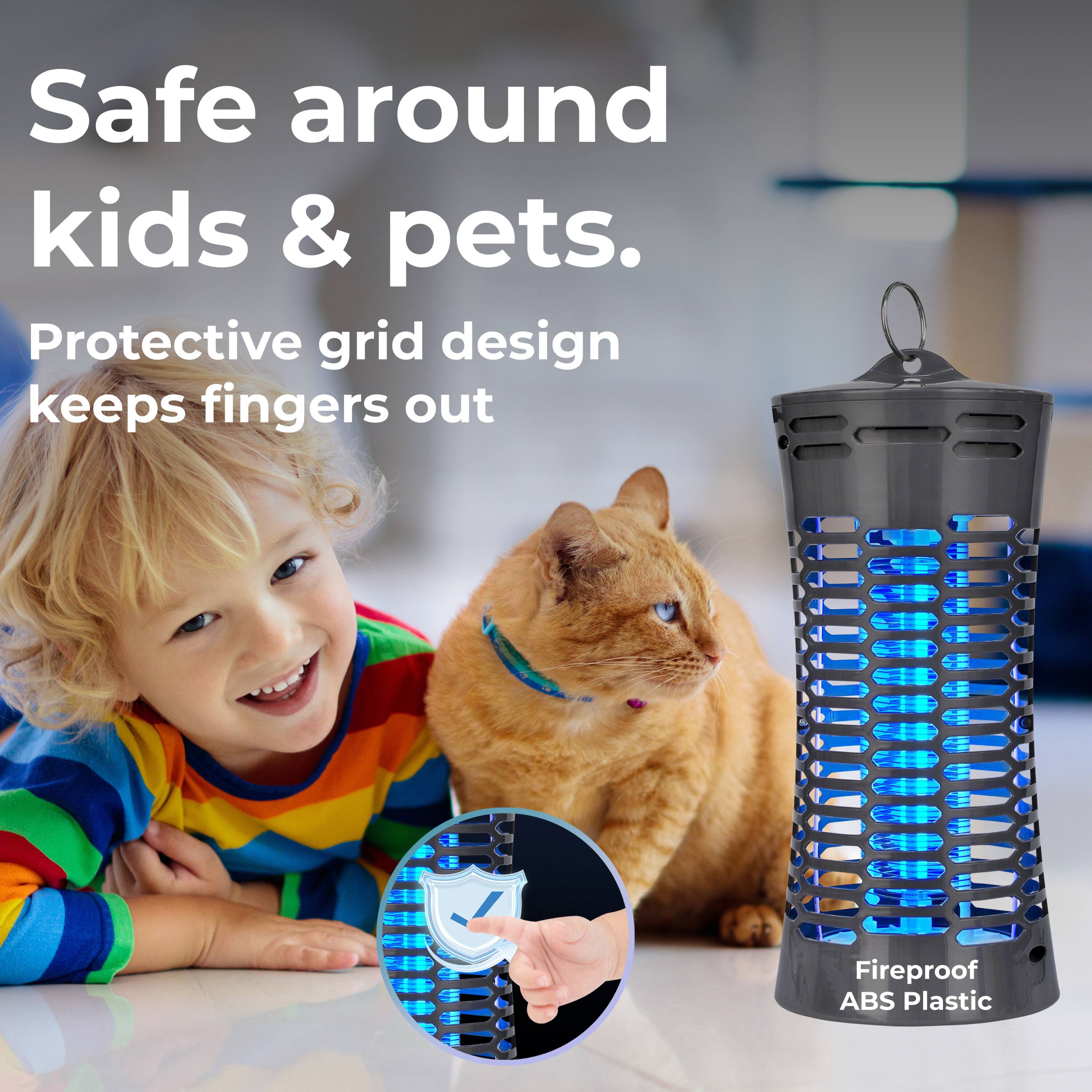 Safe around kids & pets. Protective grid design keeps fingers out. Fireproof ABS Plastic.