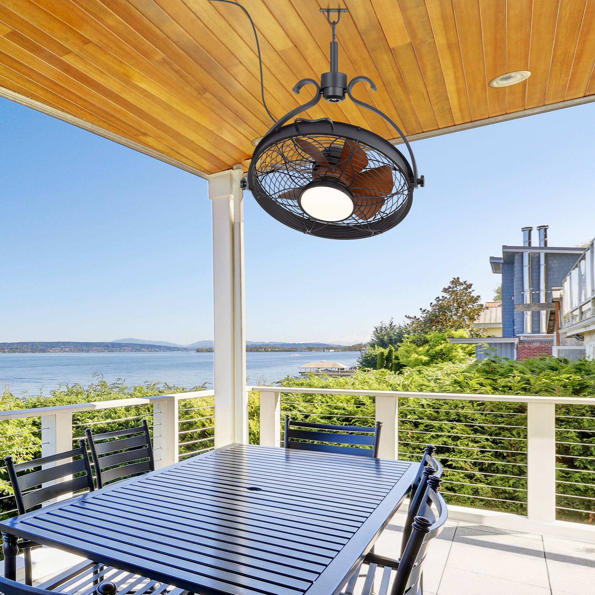 Back. Breezary - 23.6" Hook-Mount Waterproof Ceiling Fan with 3-Color Light, 6-Speed Remote Control, Timer, Memory, 7 Blades, Outdoor Use - Matte Black and Wood Grain.