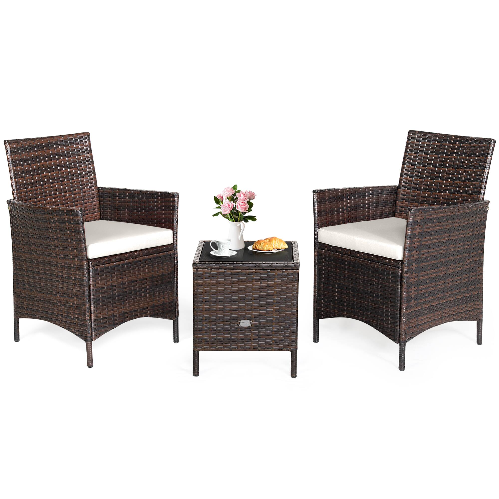 Alt View 1. Gymax - Gymax 3PCS Outdoor Rattan Conversation Set Patio Furniture Set w/ White Cushions - White.