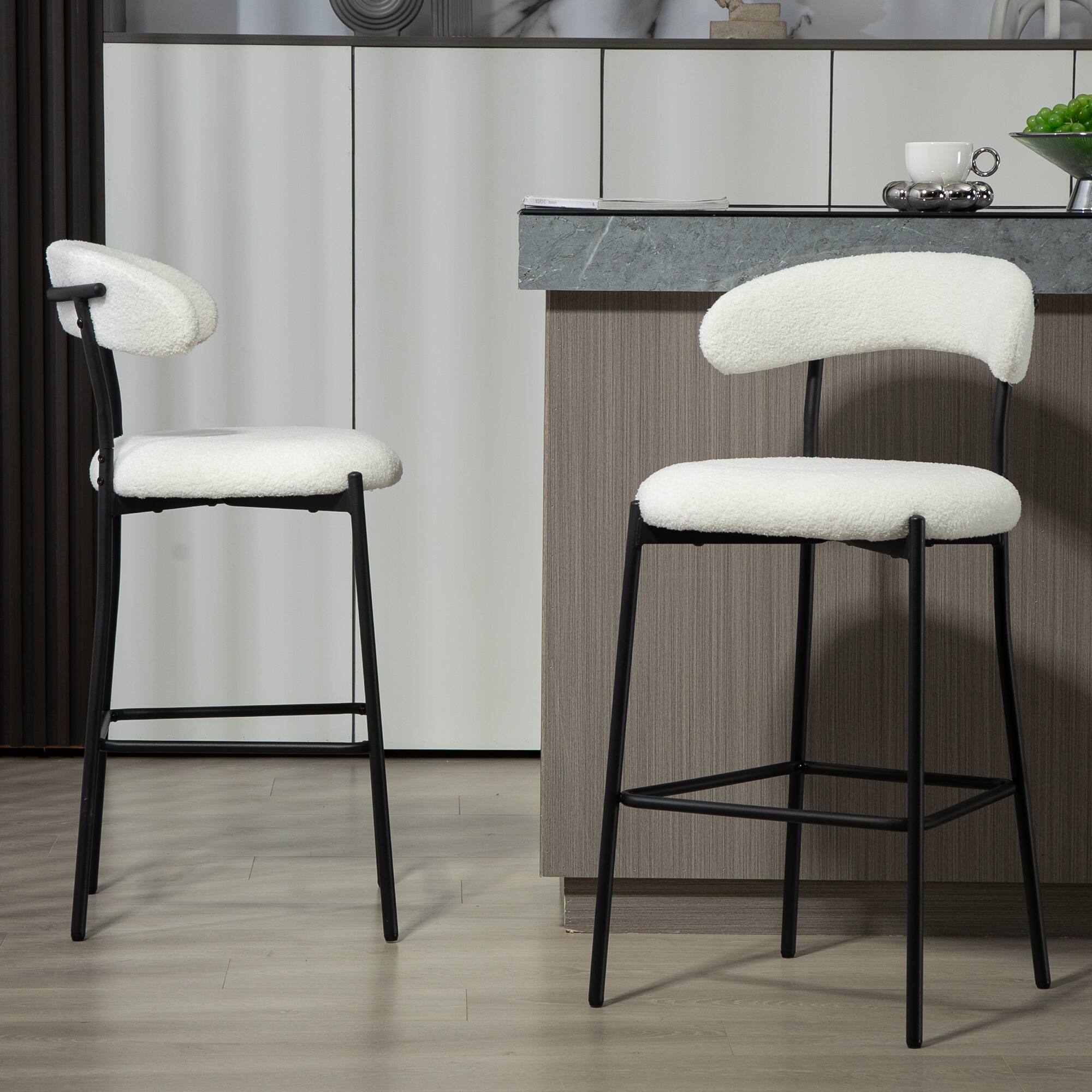 Alt View 6. GOODSILO - 26"" Counter Height Bar Stool - Teddy Fabric Kitchen Island Stool with Black Base - White.