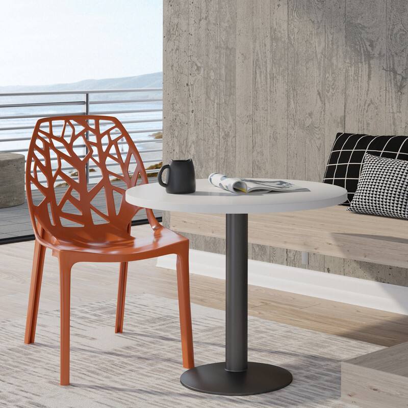 Angle. LeisureMod - Cornelia Modern Stackable Accent Dining Chair with Cut Out Backrest Design for Dining Rooms or Patios - Solid Orange.