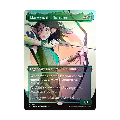 Marwyn, the Nurturer
2
Legendary Creature - Elf Druid
Whenever another Elf you control enters, put a +1/+1 counter on Marwyn. Q: Add an amount of equal to Marwyn's power.
.elegance that hits the mark...
1/1 R 1960 SLD EN CRAIG DRAKE IV 2025 Wizards of the Coast