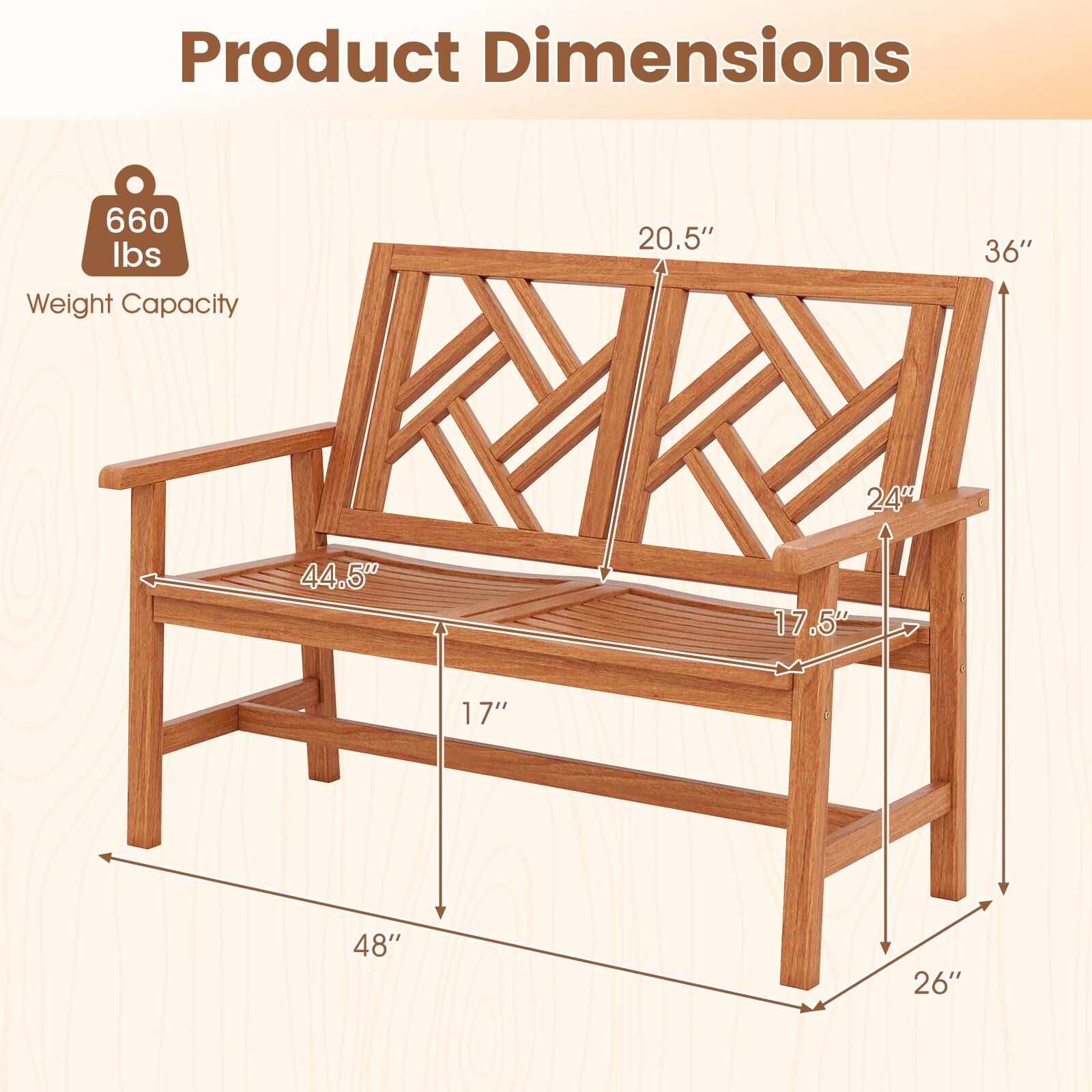 Product Dimensions  
Weight Capacity: 660 lbs  
Dimensions: 20.5" x 36" x 44.5" x 17" x 48" x 26"