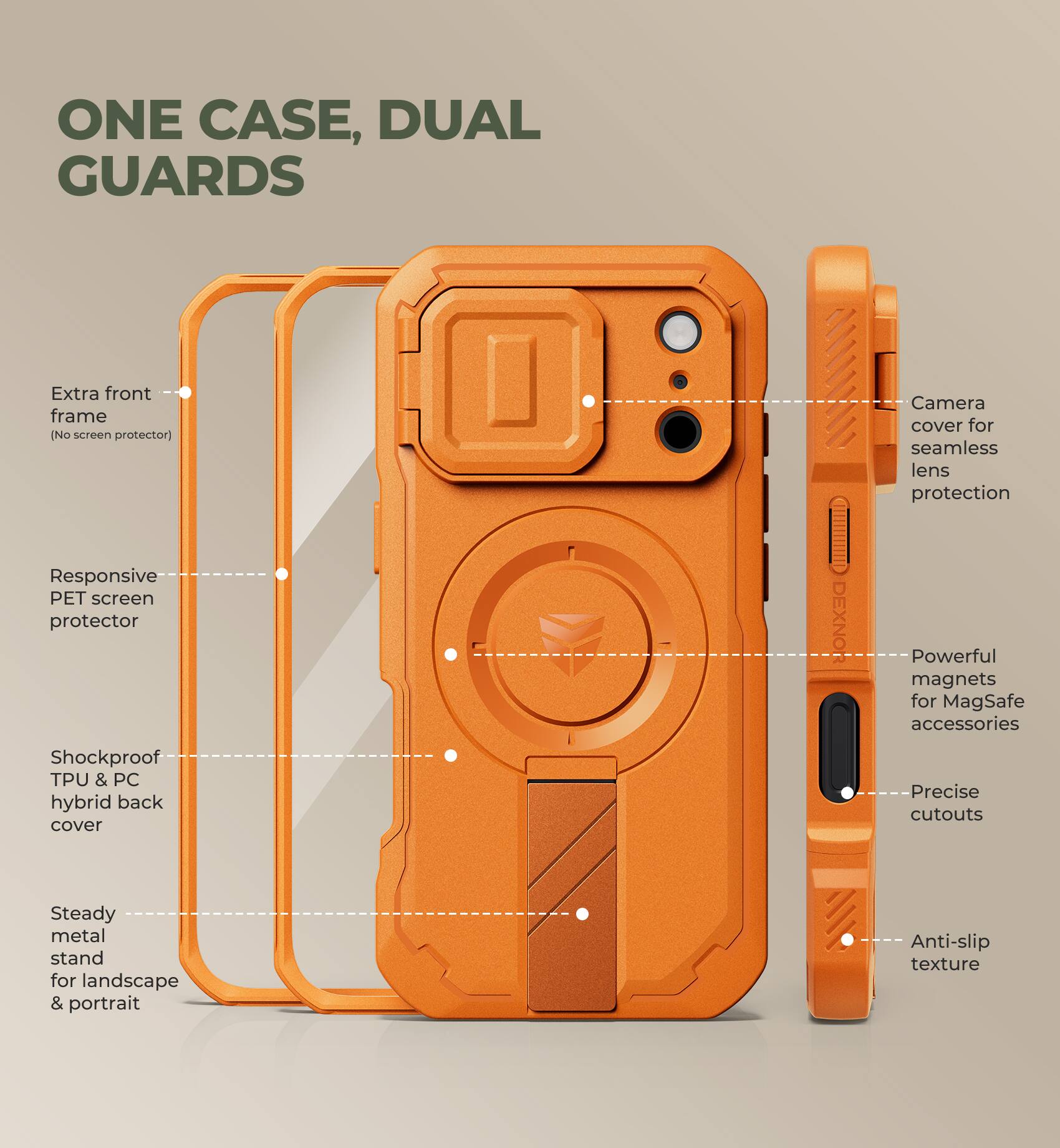 ONE CASE, DUAL GUARDS

- Extra front frame (No screen protector)
- Responsive PET screen protector
- Shockproof TPU & PC hybrid back cover
- Steady metal stand for landscape & portrait
- Camera cover for seamless lens protection
- Powerful magnets for MagSafe accessories
- Precise cutouts
- Anti-slip texture