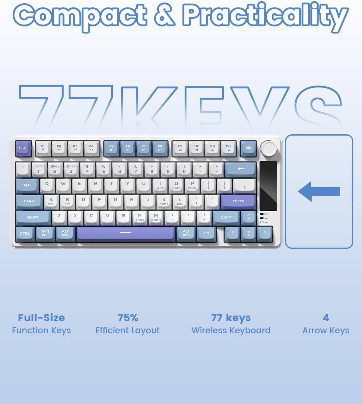 Compact & Practicality  
77 KEYS  
F1 F2 F3 F4 F5 F6 F7 F8 F9 F10 F11 F12  
ESC DEL  
- - . - . - A - e 3 05 U 8 T 2 .U 3 S 4 % 5 B & 7 B I g I D . -  
TAB W E R T Y U I O P RTSC 0 SRLE P PAUSE  
CAPS A S D F G H J K L ENTER SHIFT Z x C V N POUP M POON  
CTRL WIN ALT CHD PN  
Full-Size Function Keys  
75% Efficient Layout  
77 keys Wireless Keyboard  
4 Arrow Keys