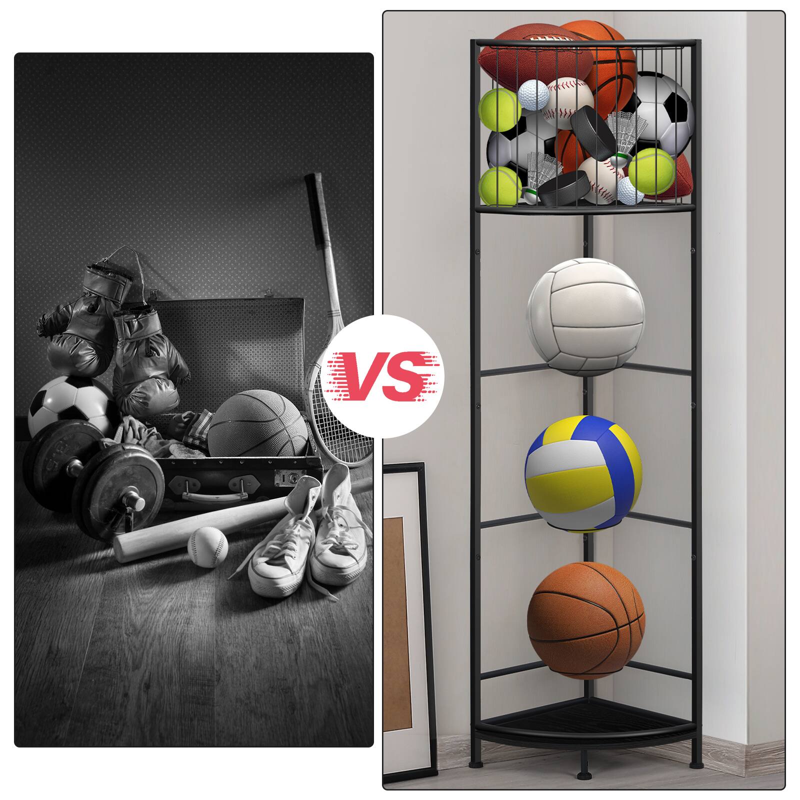 Alt View 2. Oumilen - 3-Tier Corner Sports Ball Storage Rack, Black Metal Vertical Basketball Soccer Volleyball Organizer - Black.