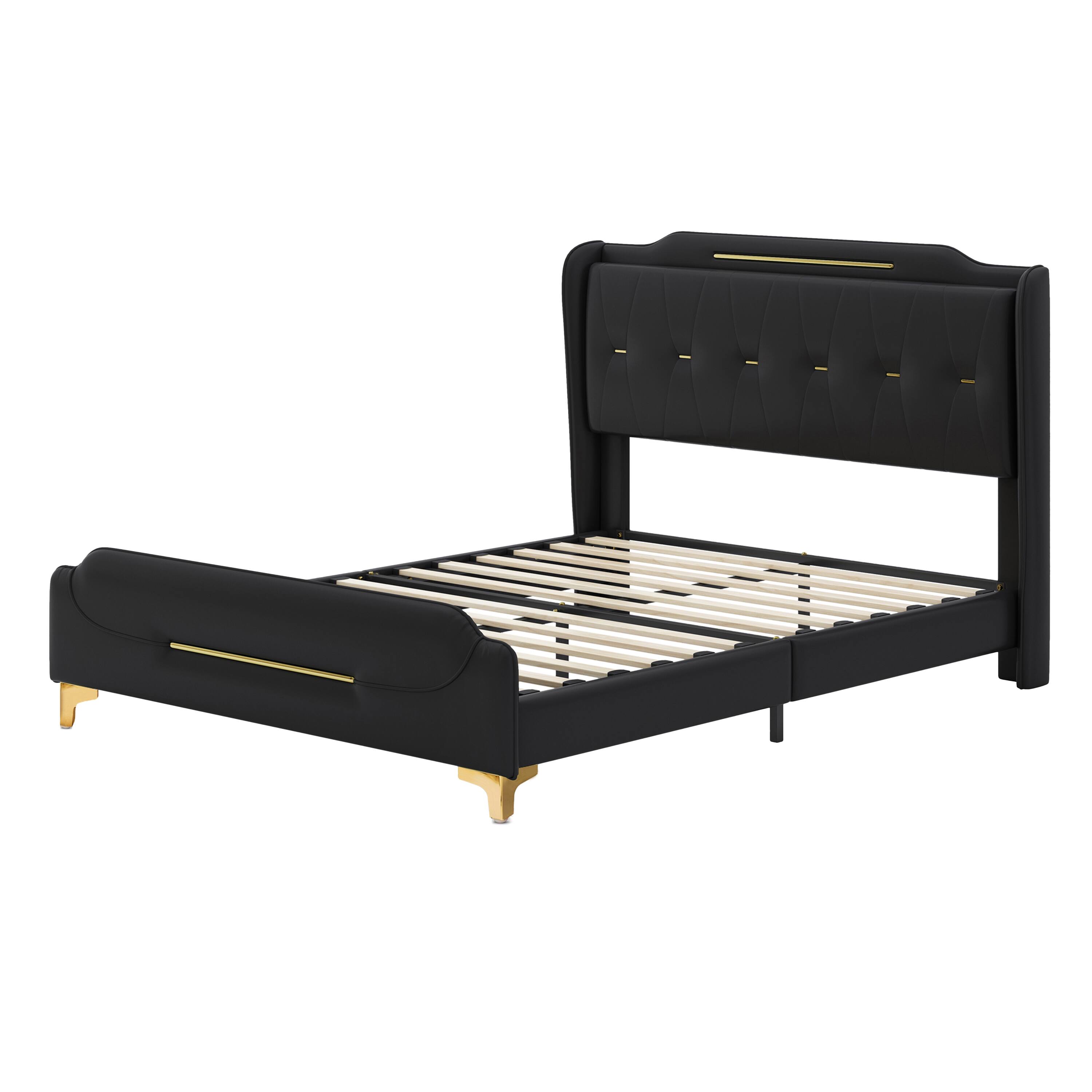 Alt View 4. LUCKY ONE - Queen Size PU Leather Upholstered Bed Frame with Wingback Headboard - Black.