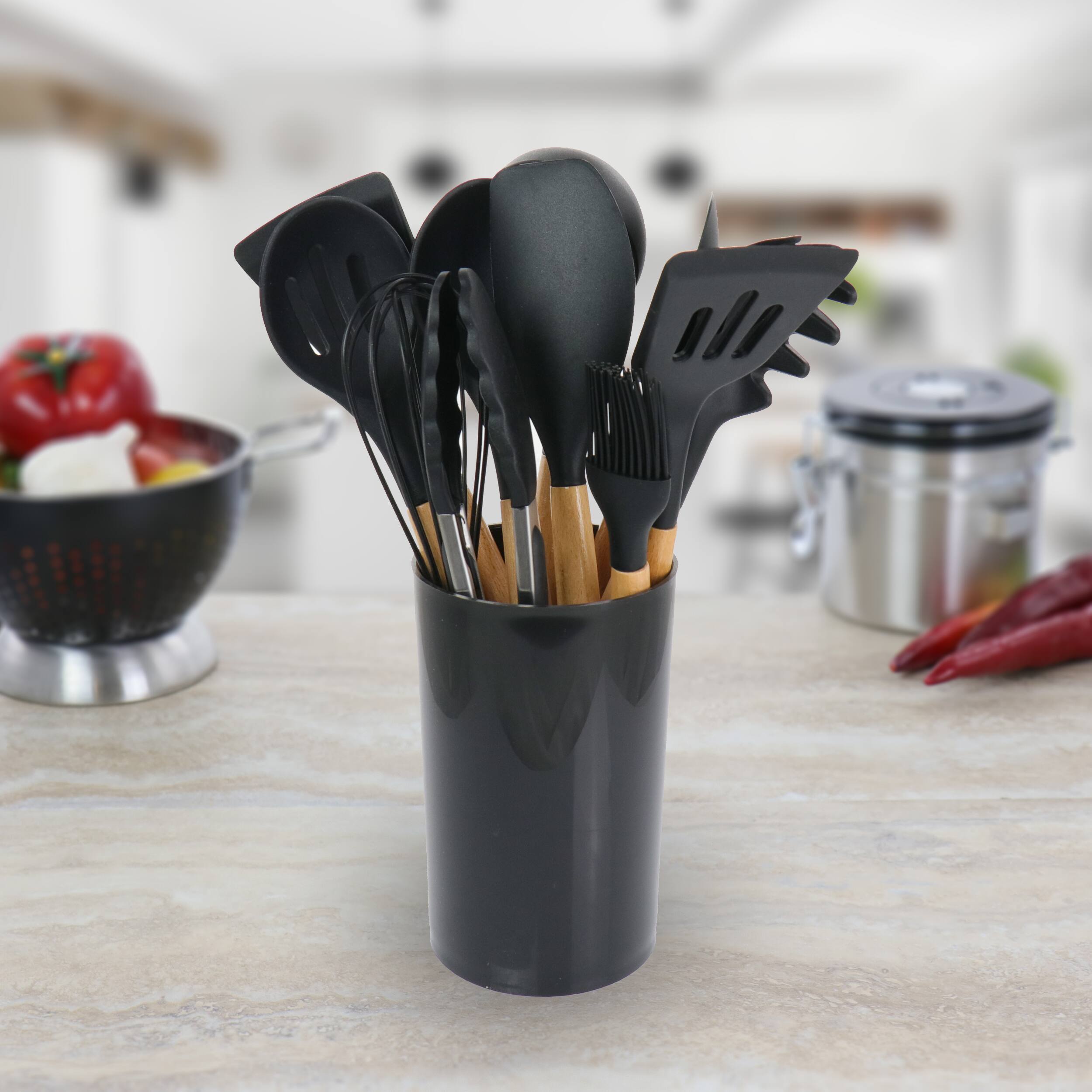 Alt View 5. MegaChef - MegaChef Black Silicone and Wood Cooking Utensils, Set of 12 - Black.