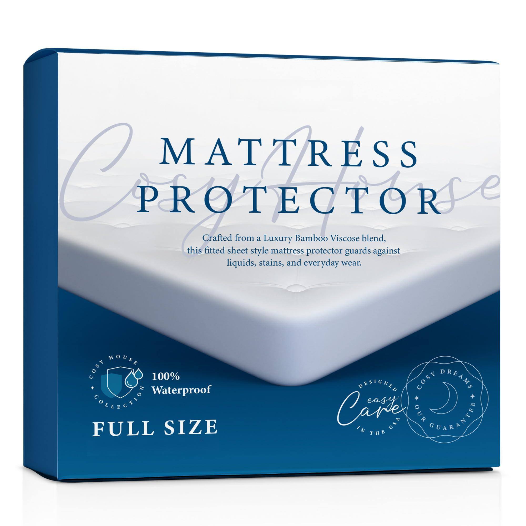 **MATTRESS PROTECTOR**
Crafted from a Luxury Bamboo Viscose blend, this fitted sheet style mattress protector guards against liquids, stains, and everyday wear.
**HOUSE COSY 100% Waterproof COLLECTION**
**FULL SIZE**
**DESIGNED COSY DREAMS**
**easy Carte USA**
**OUR GUARANTEED IN THE USA**