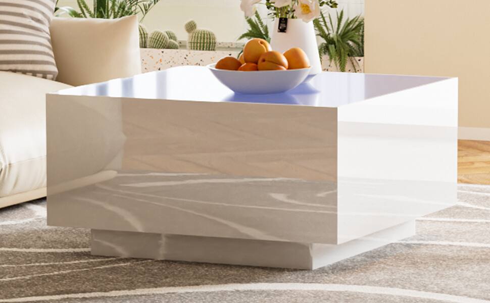 Alt View 10. Tiramisubest - Square High Glossy Coffee Table with 16-color LED Strip Lights,Modern Center Table with Frosted Tempered Glass Top,White - White.