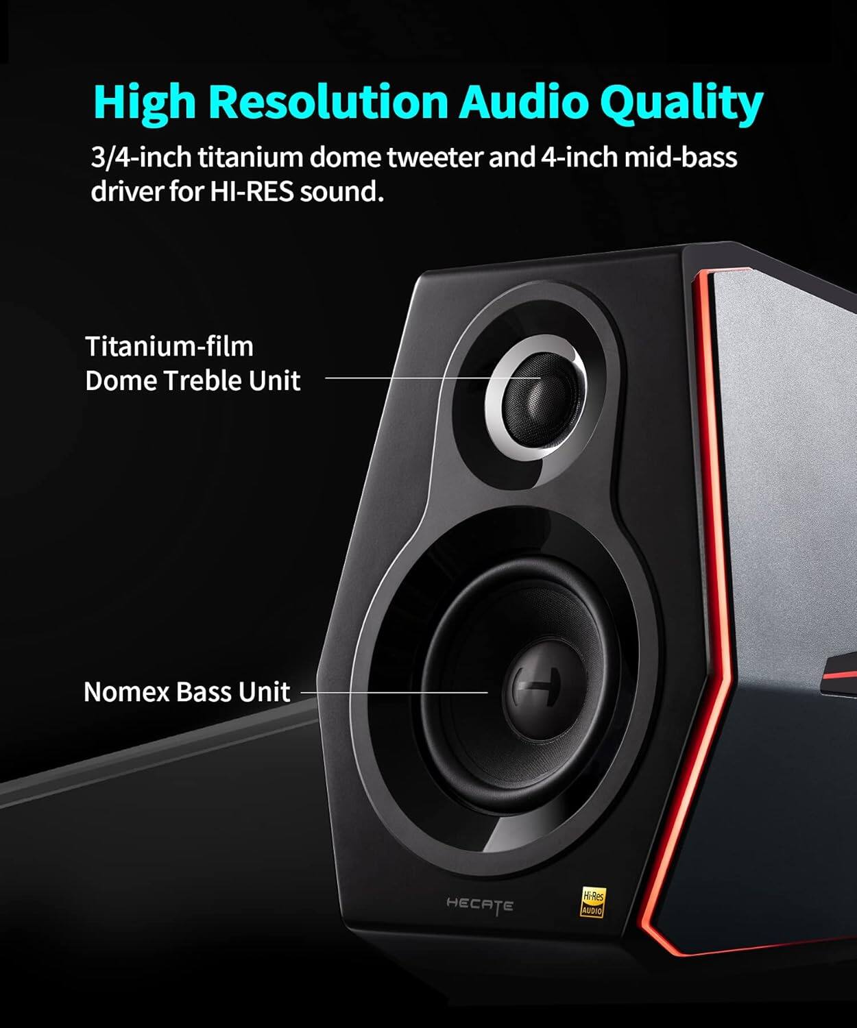 High Resolution Audio Quality:
3/4-inch titanium dome tweeter and 4-inch mid-bass driver for HI-RES sound.
Titanium-film Dome Treble Unit
Nomex Bass Unit