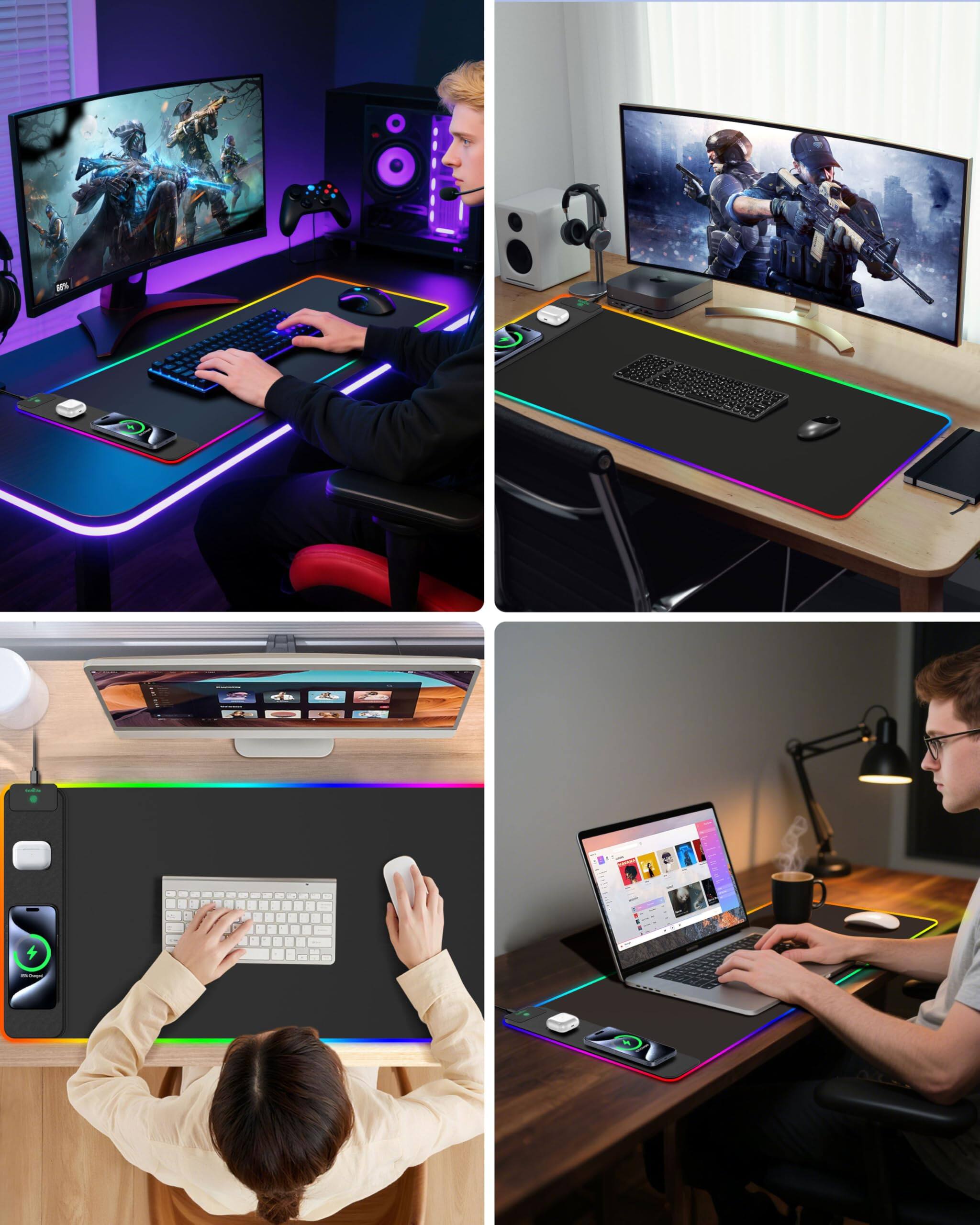 Alt View 6. Fabibe - Mouse Pad Keyboard Mouse 15 RGB RGB PD With Wireless Charging Gaming Desk 31.5"x15.7" Large Lighting Modes Non-slip - Black-35.4"x15.7".