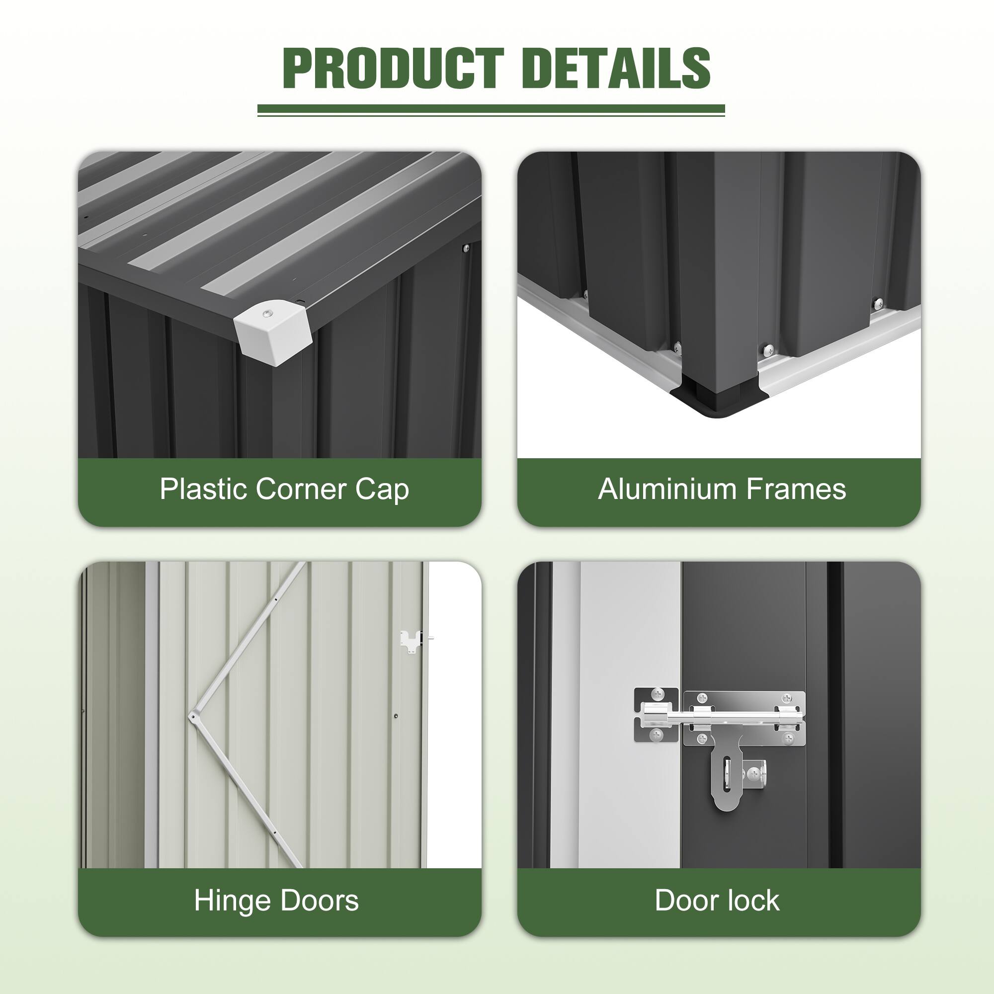 PRODUCT DETAILS

- Plastic Corner Cap
- Aluminium Frames
- Hinge Doors
- Door lock