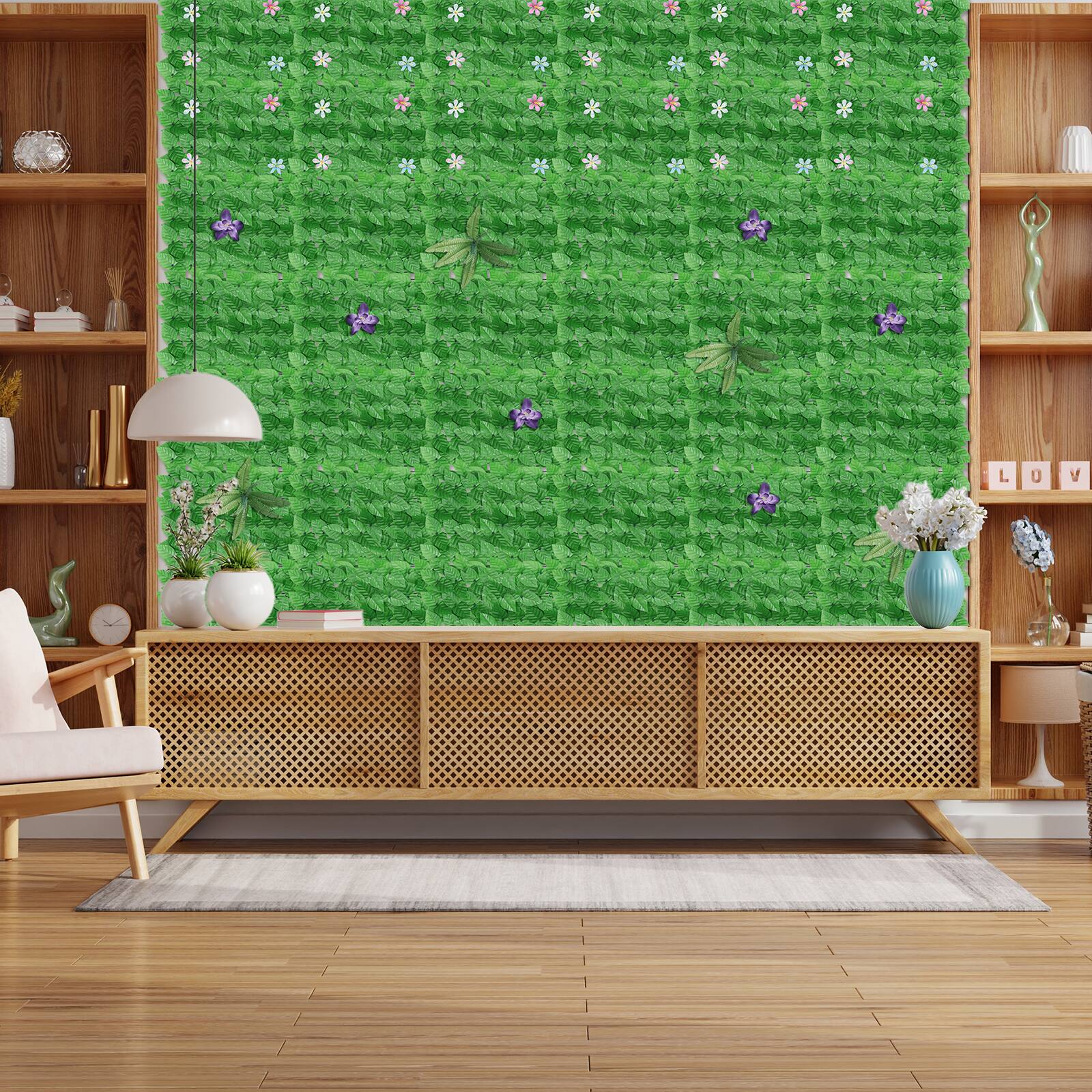 Alt View 3. Oumilen - 60 Pack Artificial Light Green Ivy Leaf Privacy Fence Panels with Mixed Decorative Flowers.