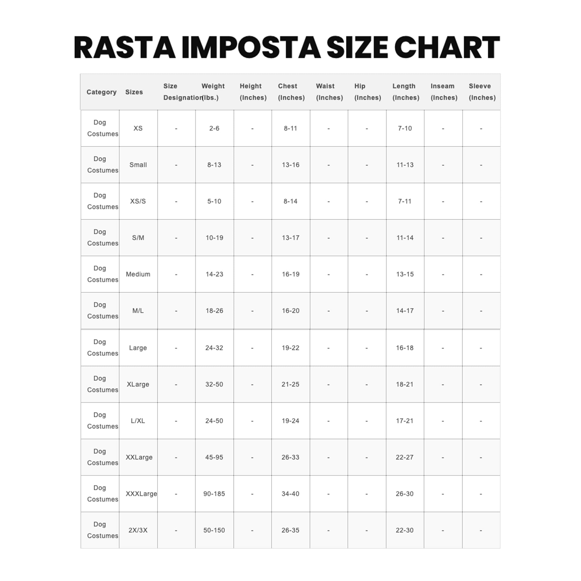 RASTA IMPOSTA SIZE CHART

| Category       | Sizes       | Size Designation (lbs.) | Weight (lbs.) | Height (inches) | Chest (inches) | Waist (inches) | Hip (inches) | Length (inches) | Inseam (inches) | Sleeve (inches) |
|----------------|-------------|-----------------------|--------------|----------------|---------------|---------------|-------------|----------------|----------------|----------------|
| Dog Costumes   | XS          | -                     | 2-6          | -              | 8-11          | -             | -           | 7-10           | -              | -              |
| Dog Costumes   | Small       | -                     | 8-13         | -              | 13-16         | -             | -           | 11-13          | -              | -              |
| Dog Costumes   | XS/S        | -                     | 5-10         | -              | 8-14          | -             | -           | 7-11           | -              | -              |
| Dog Costumes   | S/M         | -                     | 