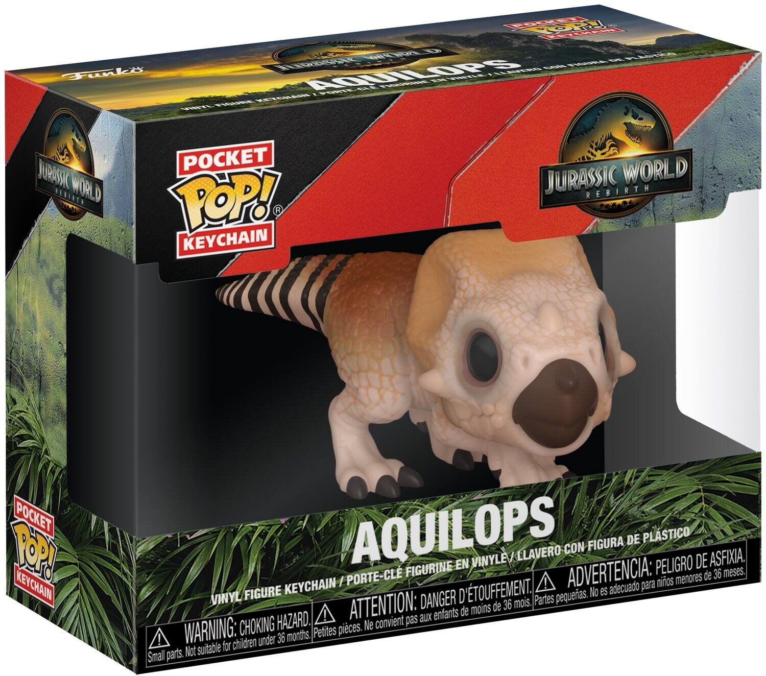 JURASSIC WORLD REBIRTH, POCKET POP! KEYCHAIN, AQUILOPS, FIGURINE EN VINYLE / LLAVERO CON FIGURA DE PLASTICO, PELIGRO DE ASFIXIA, KEYCHAIN / PORTE-CLE, ADVERTENCIA: adecuado para niños menores de 36 meses, VINYL FIGURE, ATTENTION: DANGER D'ETOUFFEMENT, 36 mois, Partes pequeñas. No es acuñado para menores de 36 meses, WARNING: CHOKING HAZARD, Small parts. Not suitable for children under 36 months, Petites pièces. Ne convient pas aux enfants