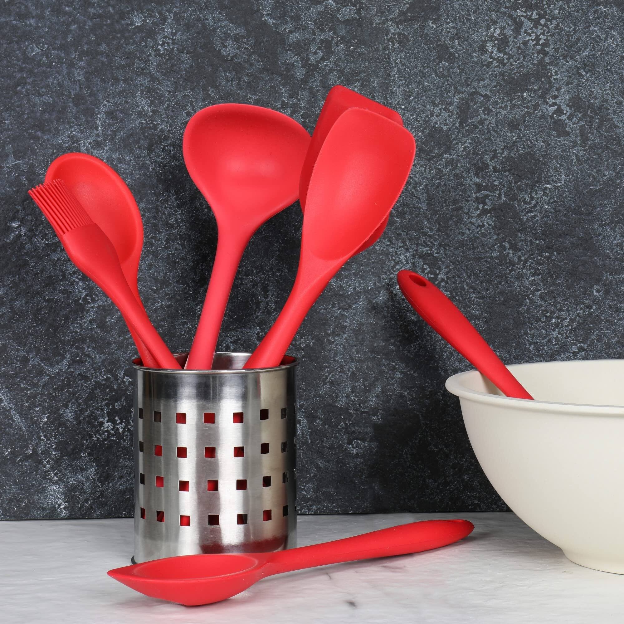 Angle. Chef Craft - 7 Piece Premium Silicone Kitchen Tool and Utensil Set - Red - Red.
