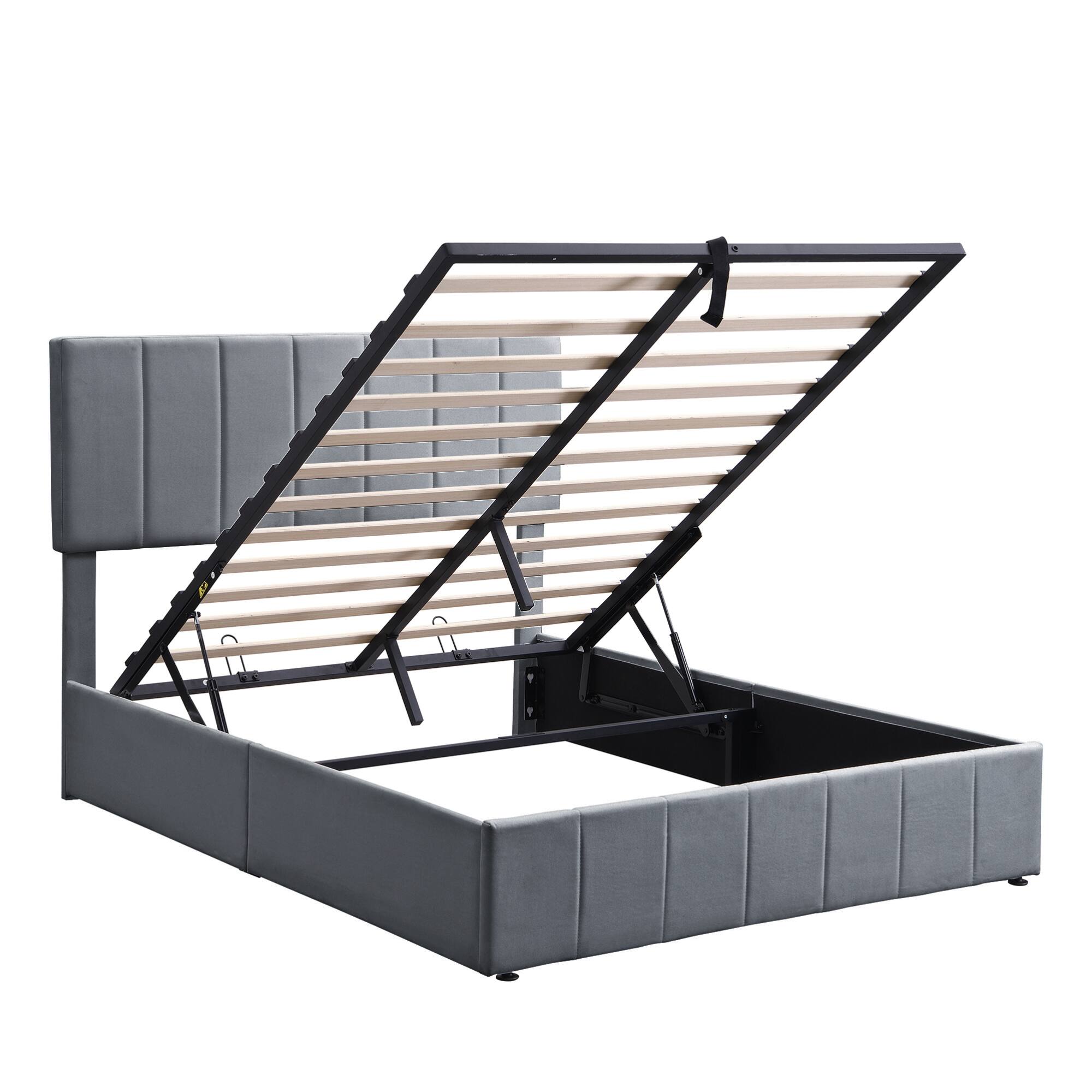 Alt View 10. GOODSILO - Full Size Upholstered Platform Bed with Hydraulic Storage System and Wooden Slat Support - Gray.