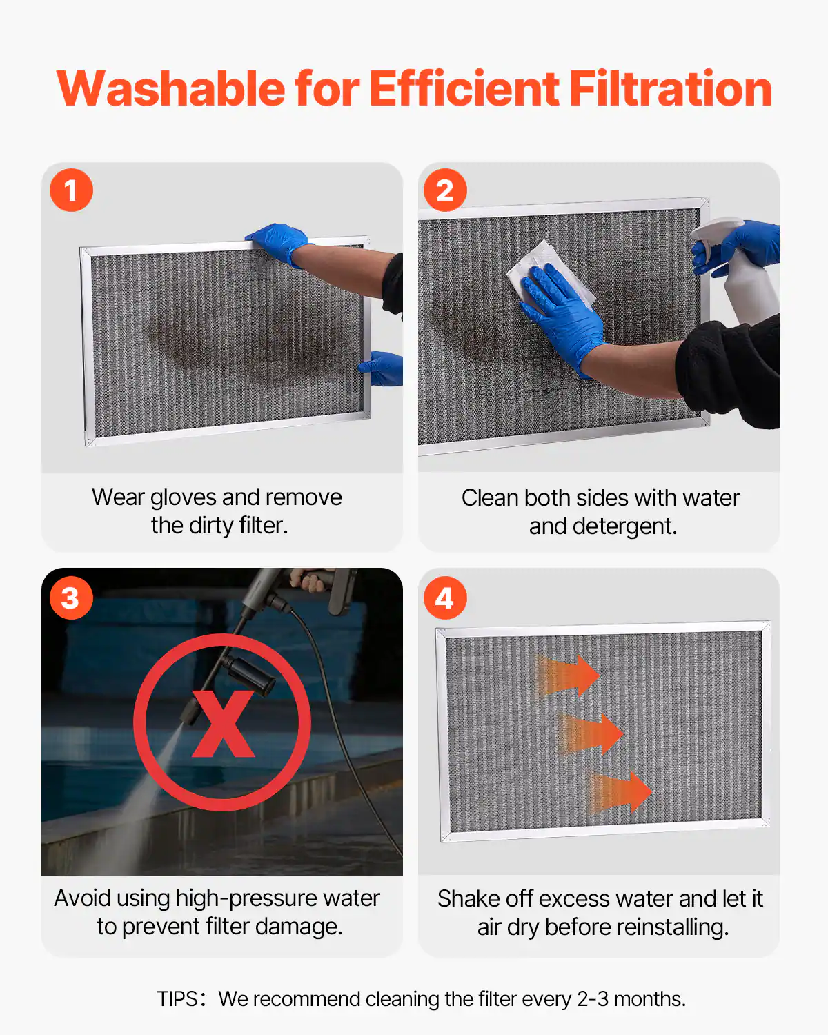 Washable for Efficient Filtration

1. Wear gloves and remove the dirty filter.

2. Clean both sides with water and detergent.

3. Avoid using high-pressure water to prevent filter damage.

4. Shake off excess water and let it air dry before reinstalling.

TIPS: We recommend cleaning the filter every 2-3 months.