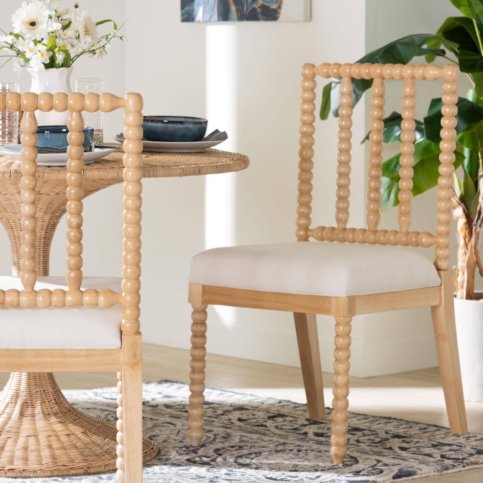 Alt View 4. bali & pari - Deya Bobbin Dining Chair - Wood Side Chair with Upholstered Seat and Spindle Backrest - Natural Brown/White.
