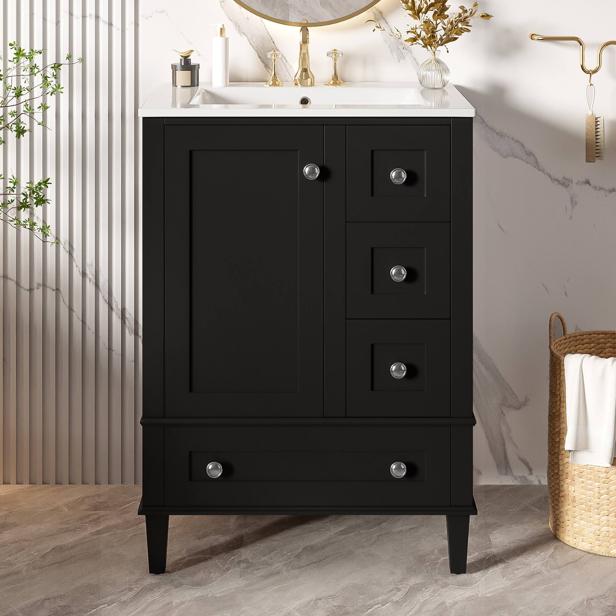 Alt View 1. Ecooso - 24" Bathroom Vanity with Ceramic Basin, Freestanding Cabinet with Soft-Close Door, 3 Drawers & Door Rack - Black.