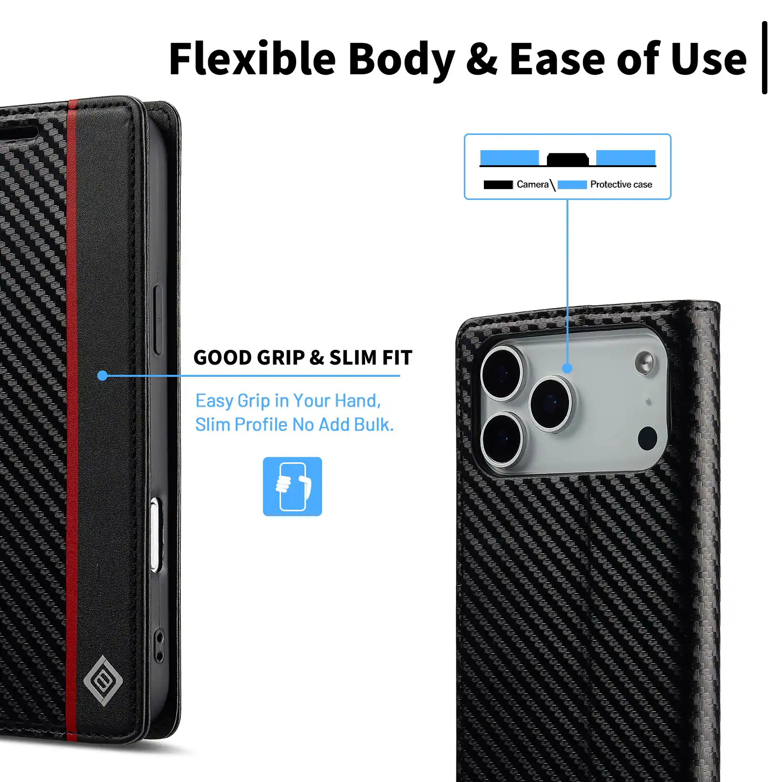 Flexible Body & Ease of Use

Camera
Protective case

GOOD GRIP & SLIM FIT
Easy Grip in Your Hand, Slim Profile No Add Bulk.