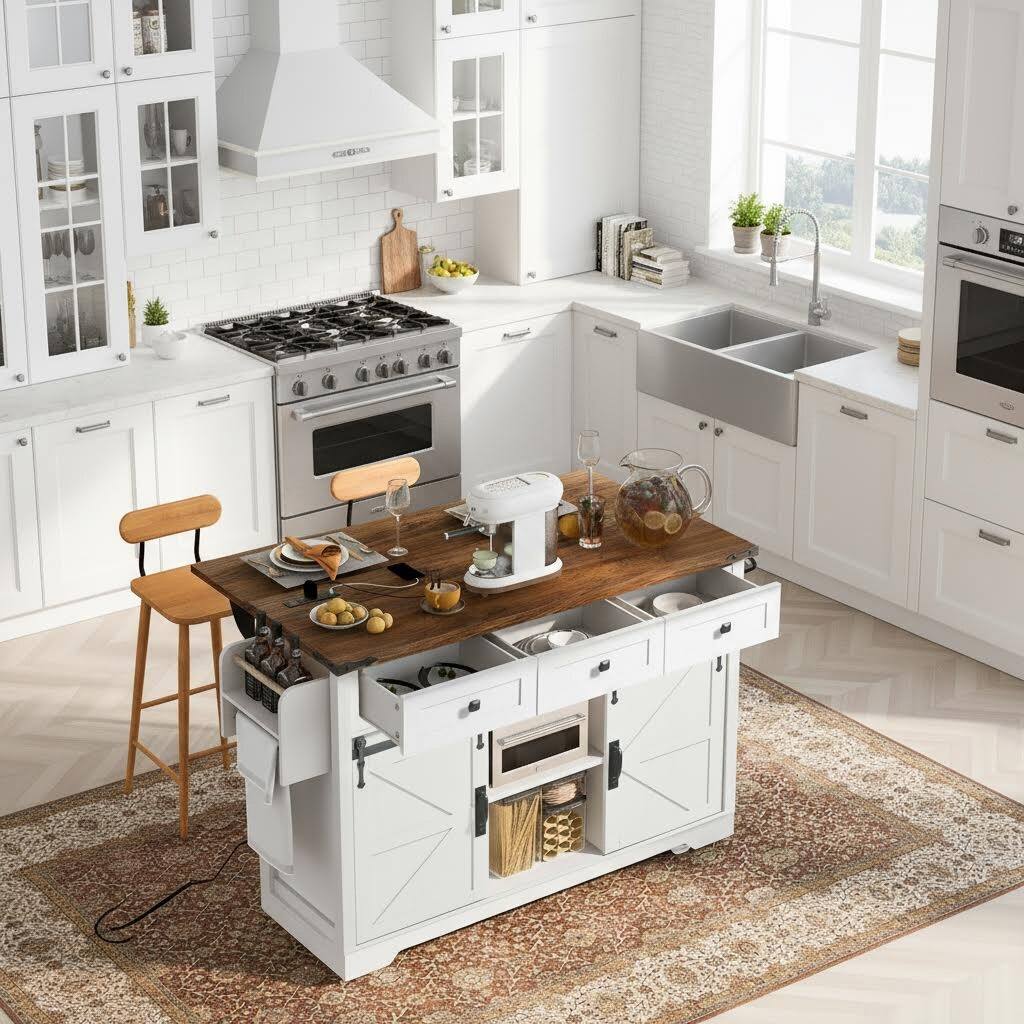 Left. Forest'nSky - 53.7" White Farmhouse Kitchen Cart on Wheels with Power Strip, Barn Door Storage - White.