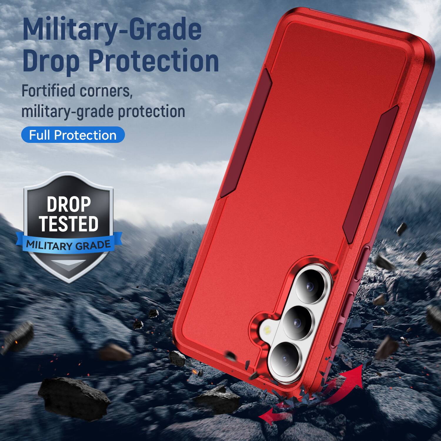 Military-Grade Drop Protection  
Fortified corners, military-grade protection  
Full Protection  

DROP TESTED  
MILITARY GRADE