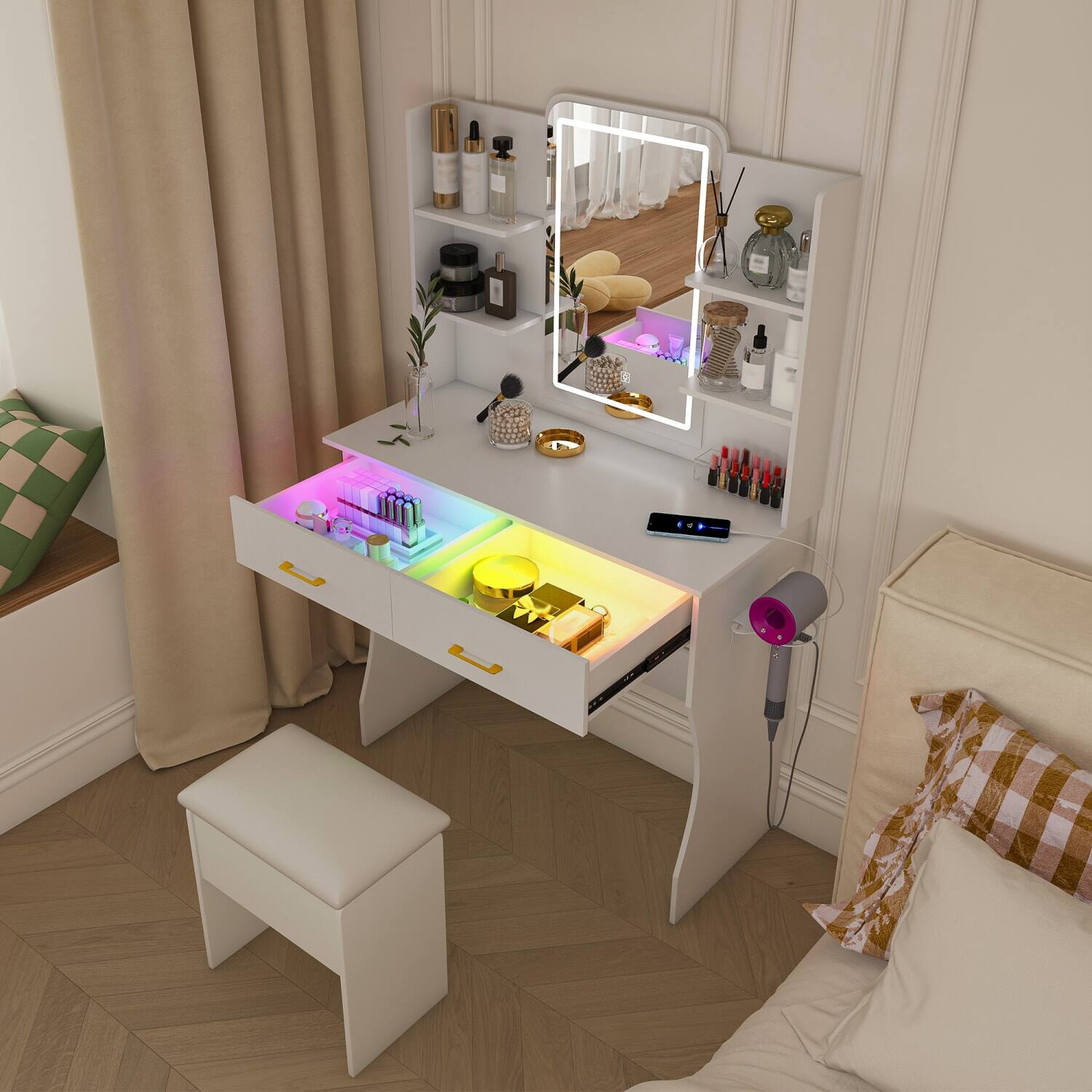 Alt View 1. Lirago - Wood Dresser Table Desk with Mirror White Dressing Table with LED Lights Power Outlet - White.
