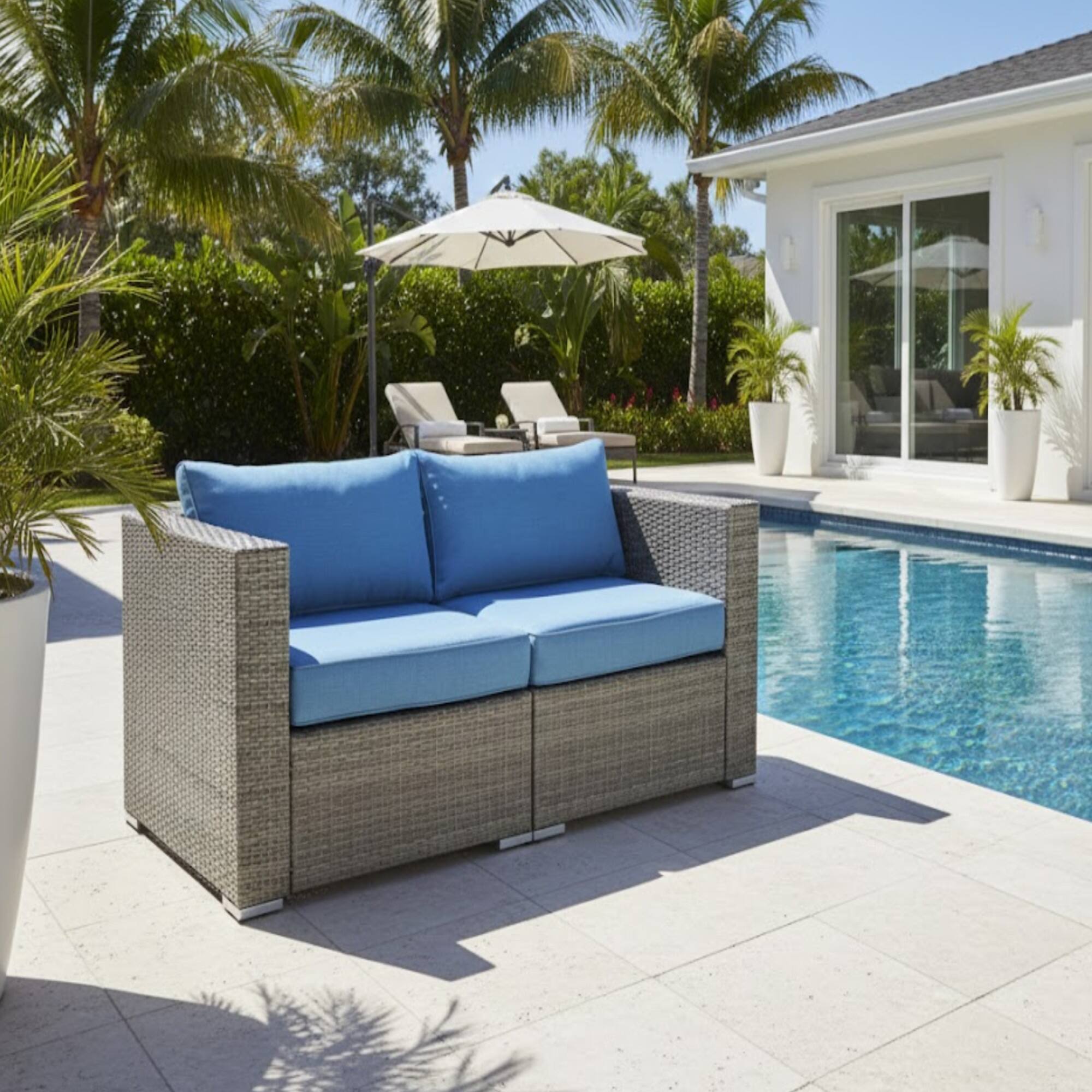 Left. Mondawe - 59" Width 2-Piece Wicker Patio Loveseat Set, Outdoor Sectional Sofa with Blue Cushions - Blue+Brown.