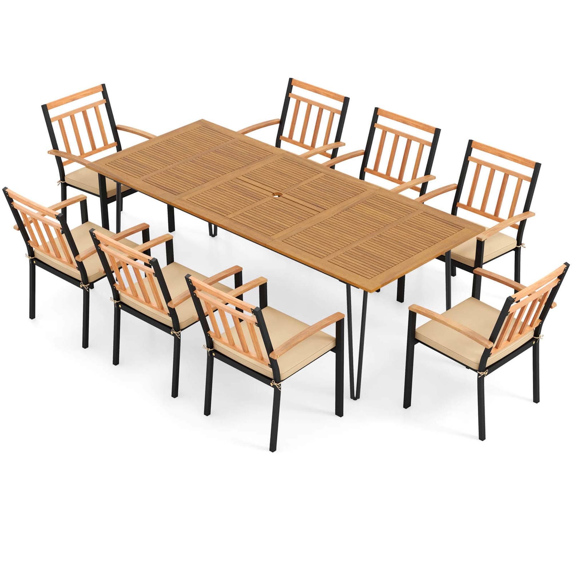 Alt View 6. Costway - 9 PCS Patio Dining Set with 8 Chairs  Acacia Wood Table Top Umbrella Hole for Yard - Natural + Black.