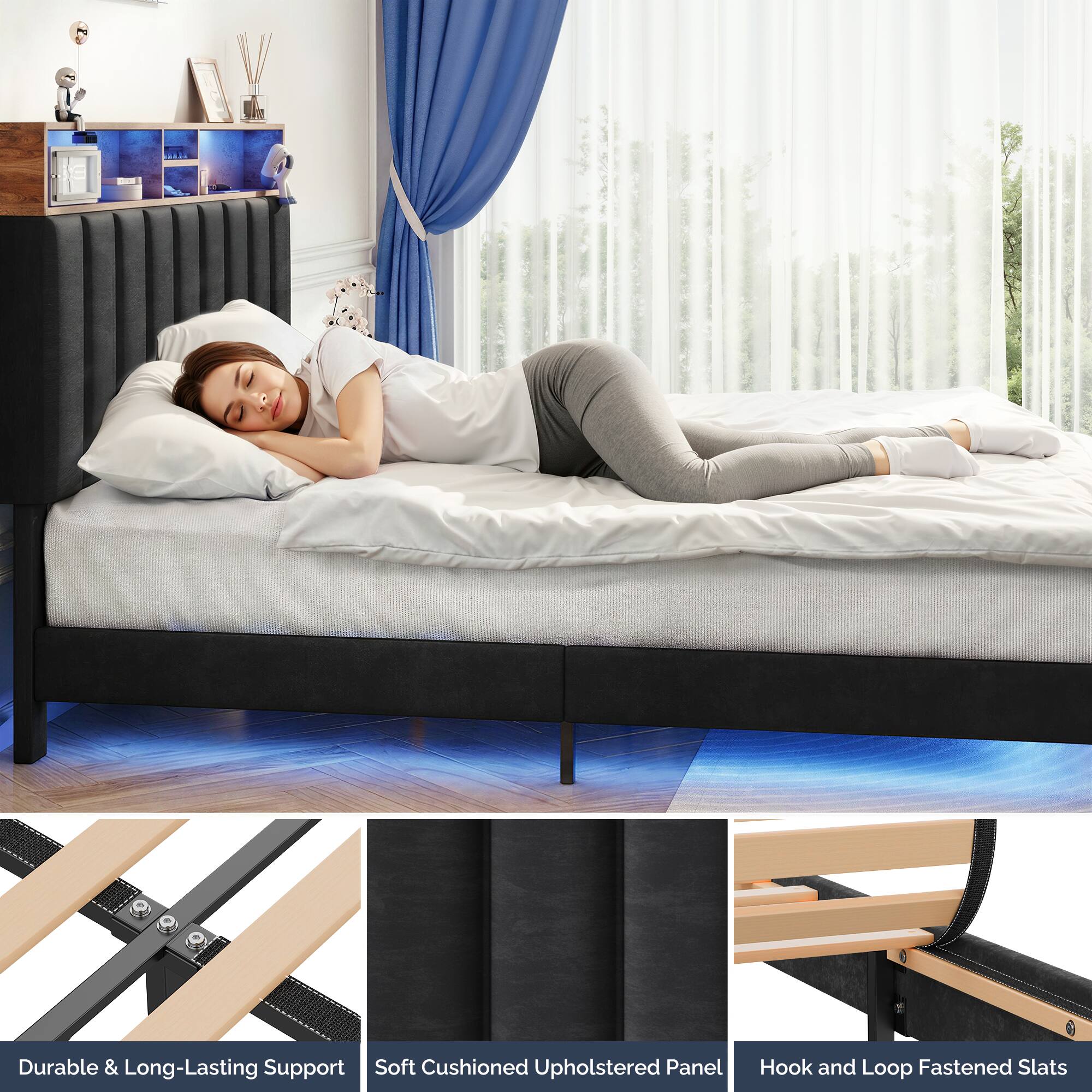 - Durable & Long-Lasting Support
- Soft Cushioned Upholstered Panel
- Hook and Loop Fastened Slats