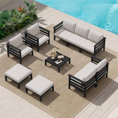 Front. SERWALL - SERWALL HDPE Outdoor Furniture Set, 10 Pieces Patio Sectional Sofa Set, Modular Design for Flexible Combination - Black/Khaki.