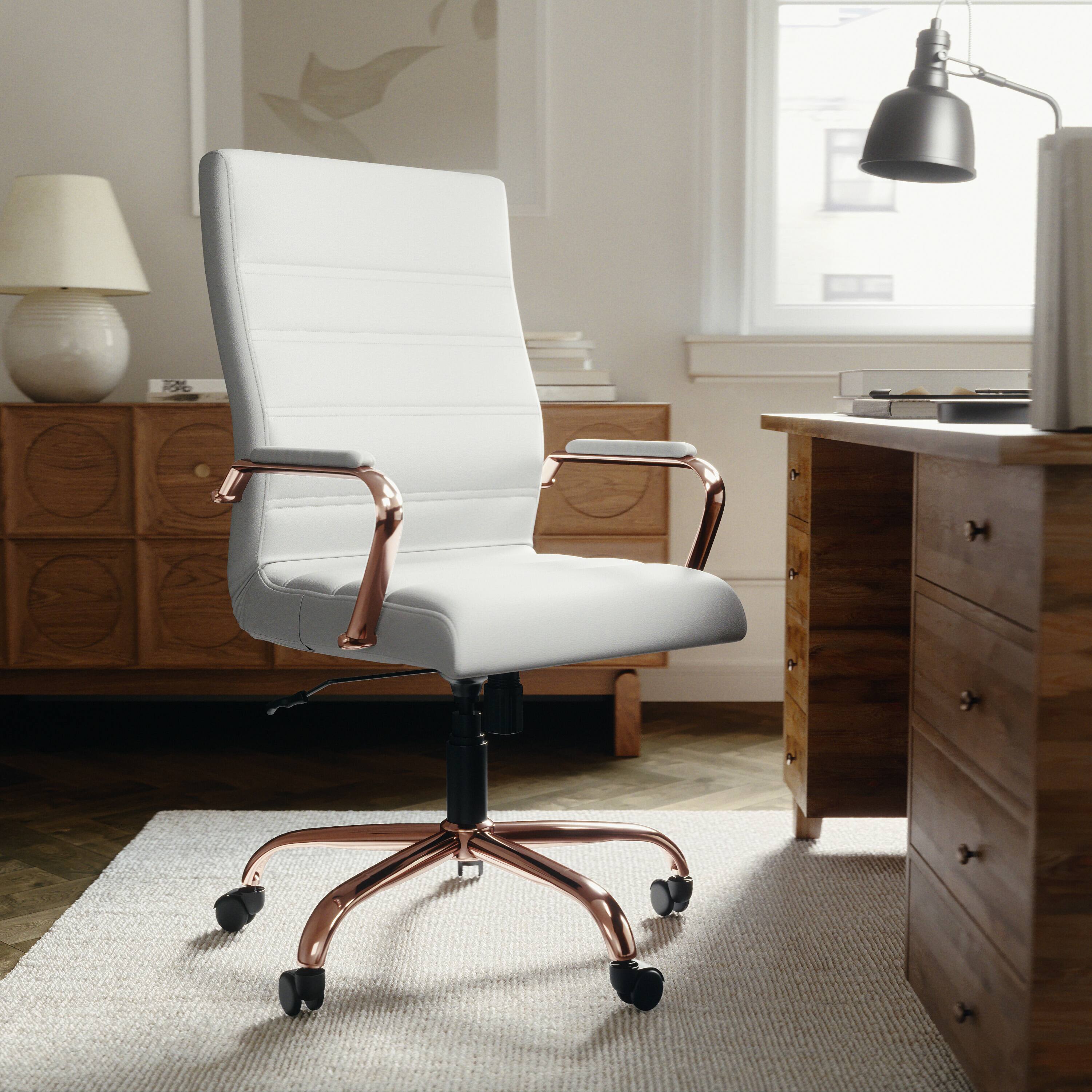 Alt View 1. Emma + Oliver - High Back Executive Swivel Office Chair with Metal Frame and Arms - White LeatherSoft/Rose Gold Frame.