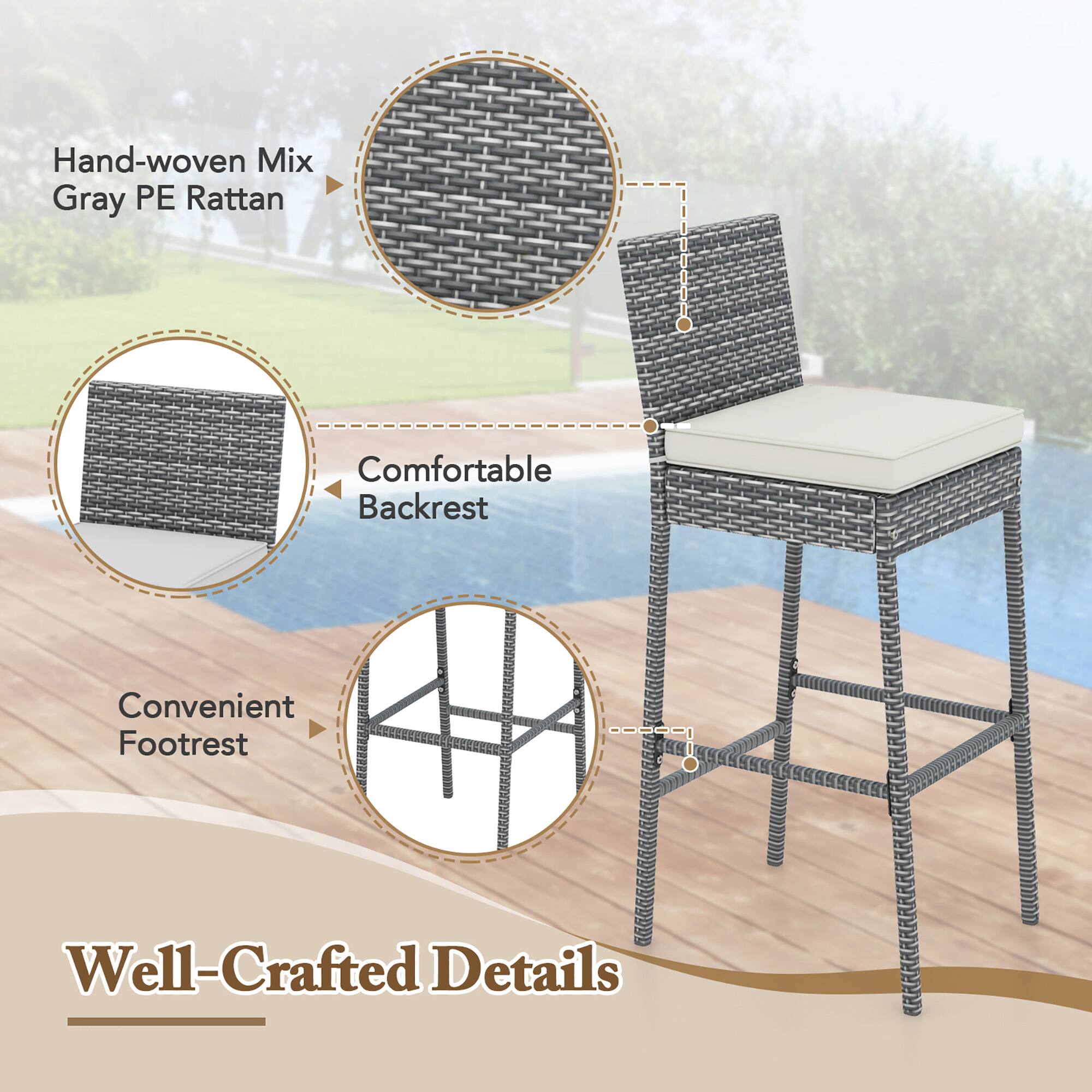 Hand-woven Mix Gray PE Rattan, Comfortable Backrest, Convenient Footrest, Well-Crafted Details